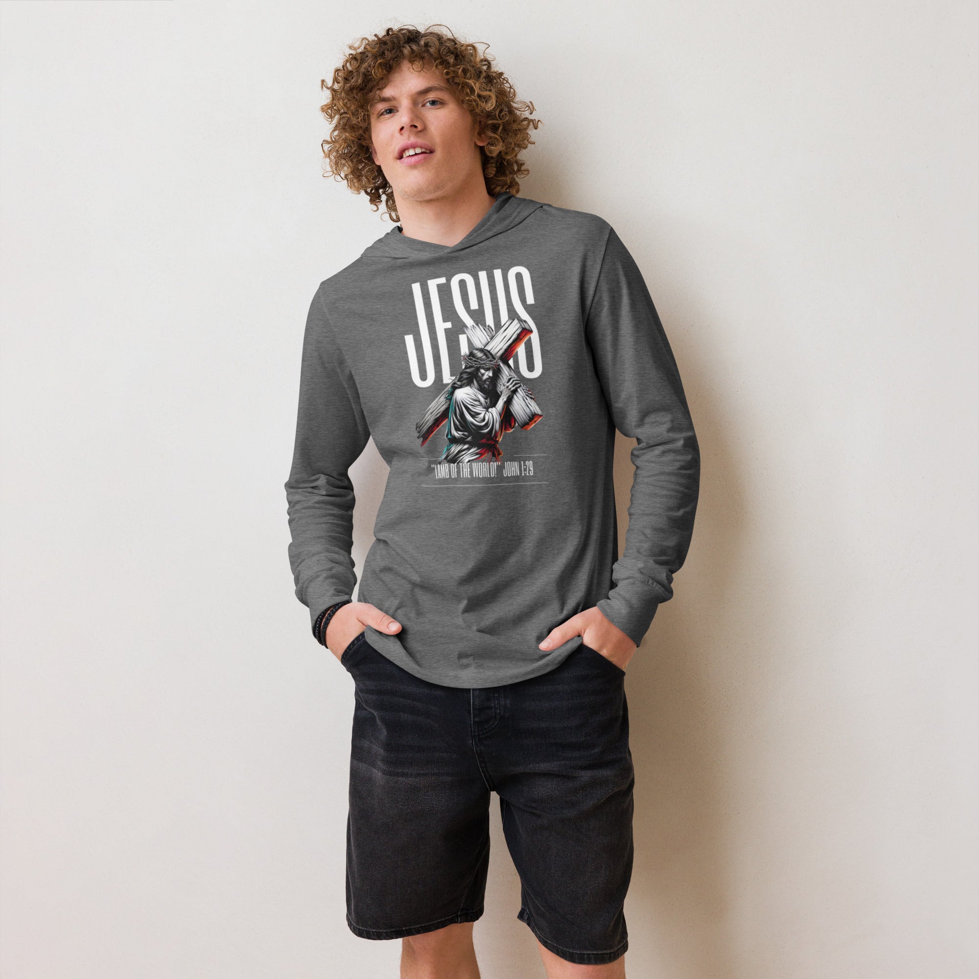 Grey-triblend hooded long sleeve with bold Jesus Walk With Faith graphic – Christian-inspired premium hoodie tee blending faith, comfort, and streetwear style. - Annaise Store