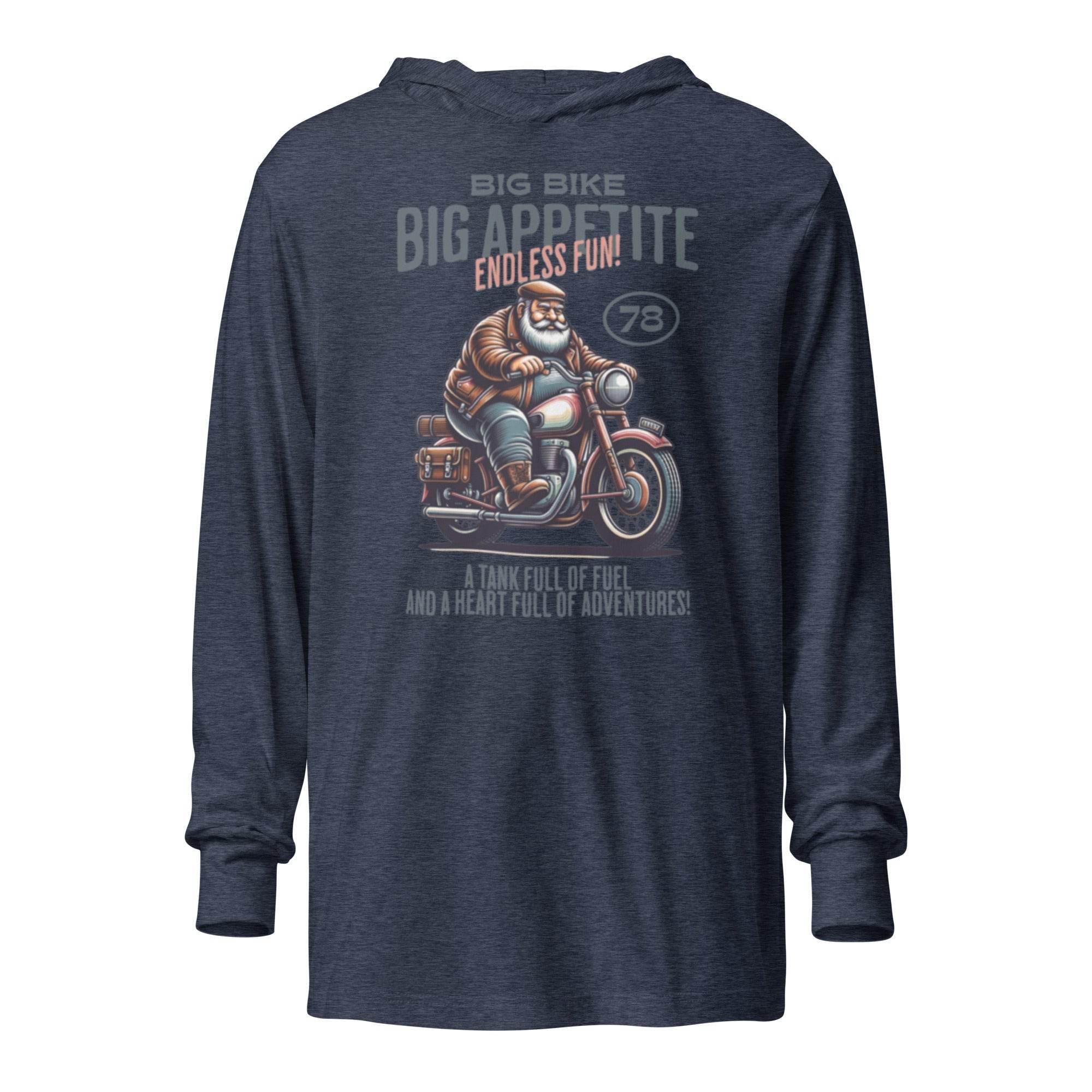 Heather-navy hooded long sleeve with bold motocross bike graphic – adventure-ready premium hoodie tee for riders and thrill-seekers. - Annaise Store