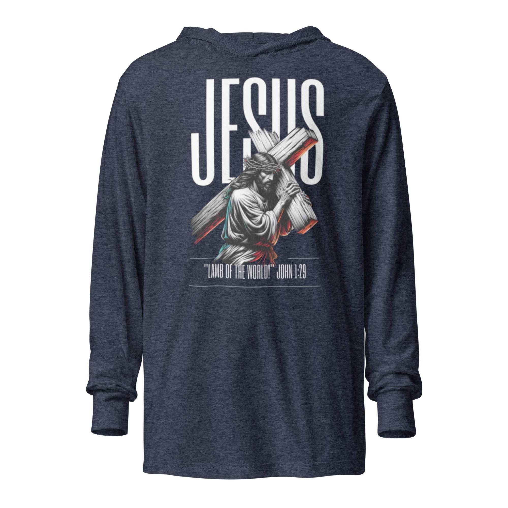 Heather-navy hooded long sleeve with bold Jesus Walk With Faith graphic – Christian-inspired premium hoodie tee blending faith, comfort, and streetwear style. - Annaise Store
