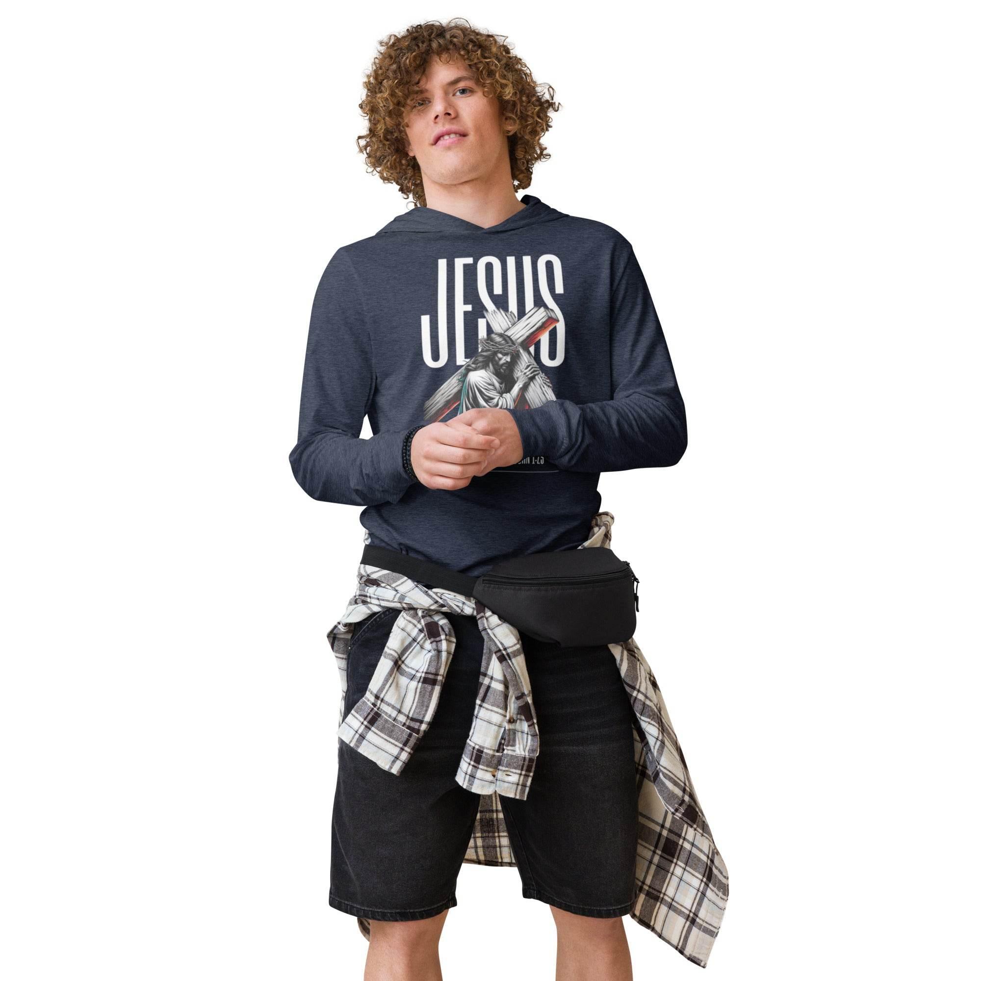 Heather-navy hooded long sleeve with bold Jesus Walk With Faith graphic – Christian-inspired premium hoodie tee blending faith, comfort, and streetwear style.  - Annaise Store