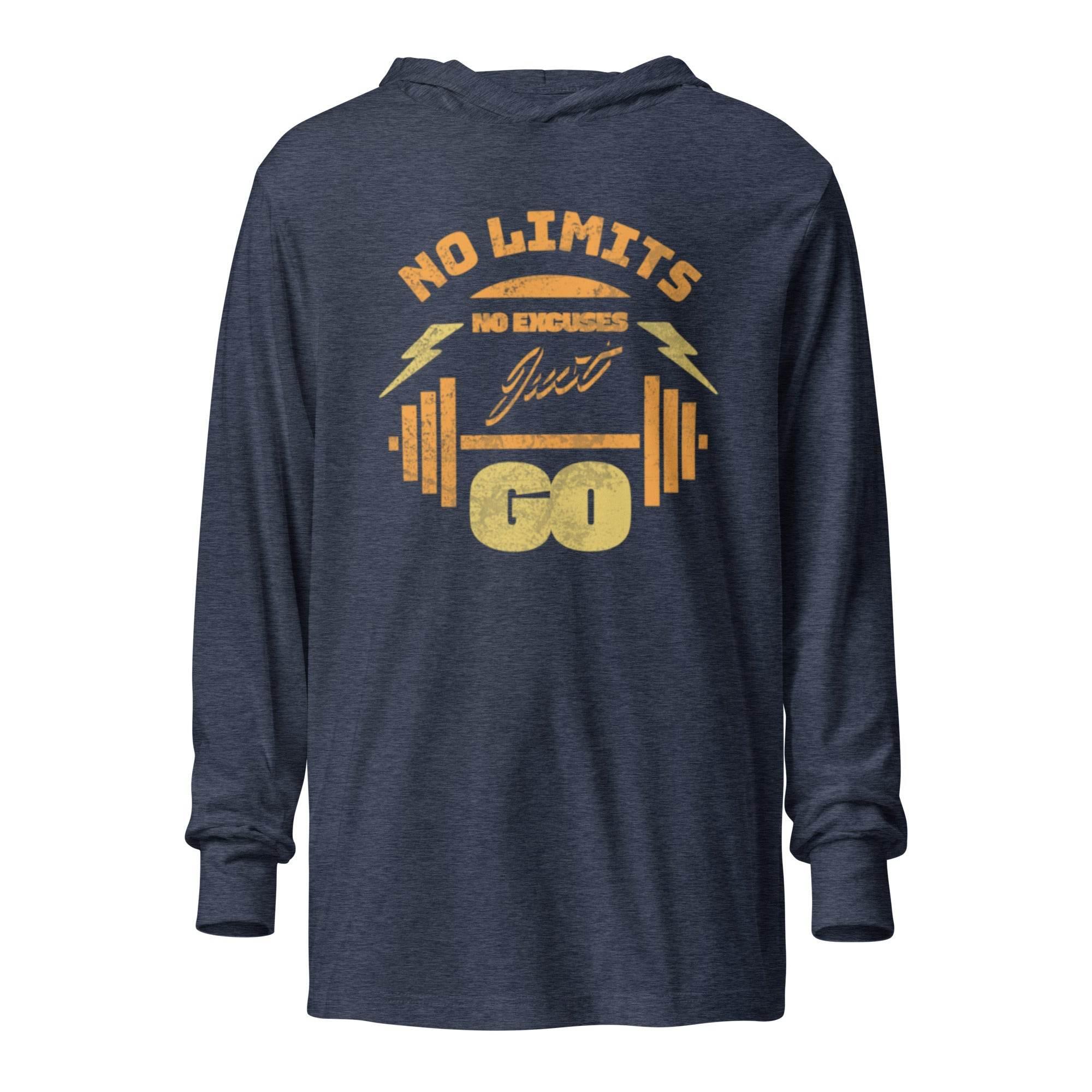 Heather-navy hooded long sleeve with No Limits training graphic – motivational fitness hoodie tee for bold style and all-day comfort. - Annaise Store