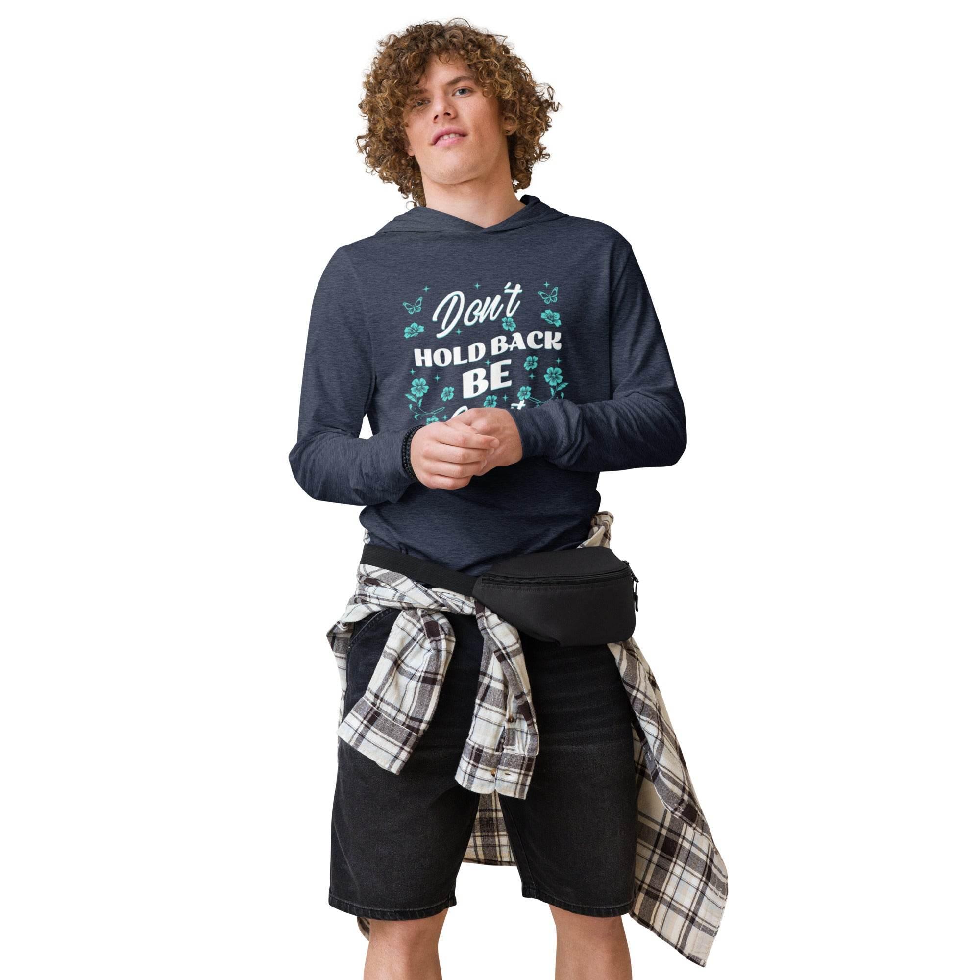 Heather-navy hooded long sleeve with motivational Don’t Hold Back graphic – premium training hoodie tee for confidence, resilience, and streetwear style. - Annaise Store