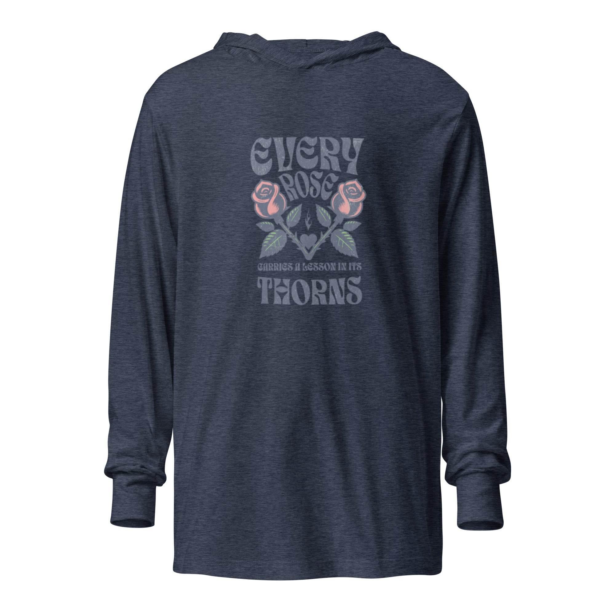 Heather-navy hooded long sleeve with rose and thorns floral graphic – vintage-inspired premium hoodie tee for bold, artistic everyday wear. - Annaise Store