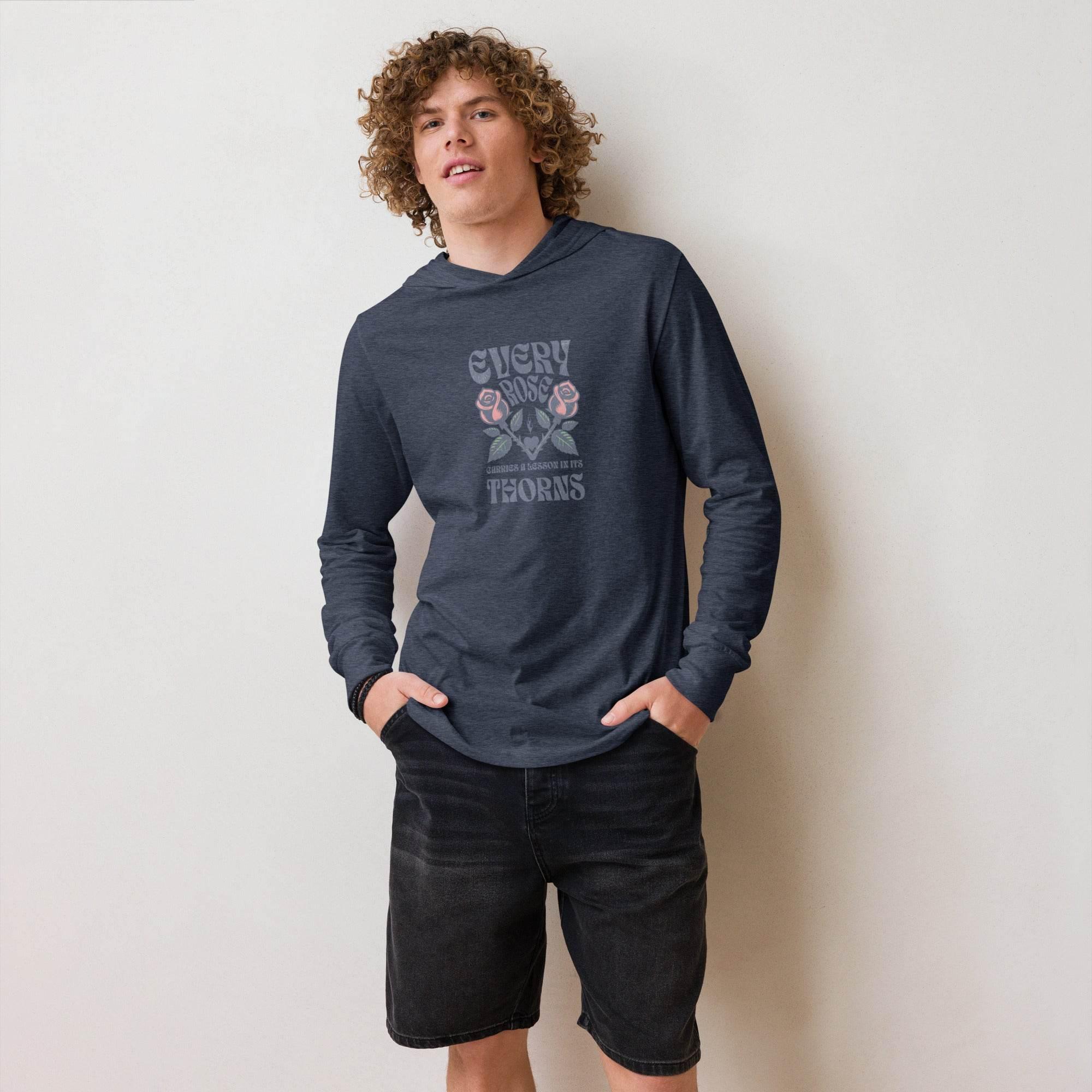 Heather-navy hooded long sleeve with rose and thorns floral graphic – vintage-inspired premium hoodie tee for bold, artistic everyday wear. - Annaise Store