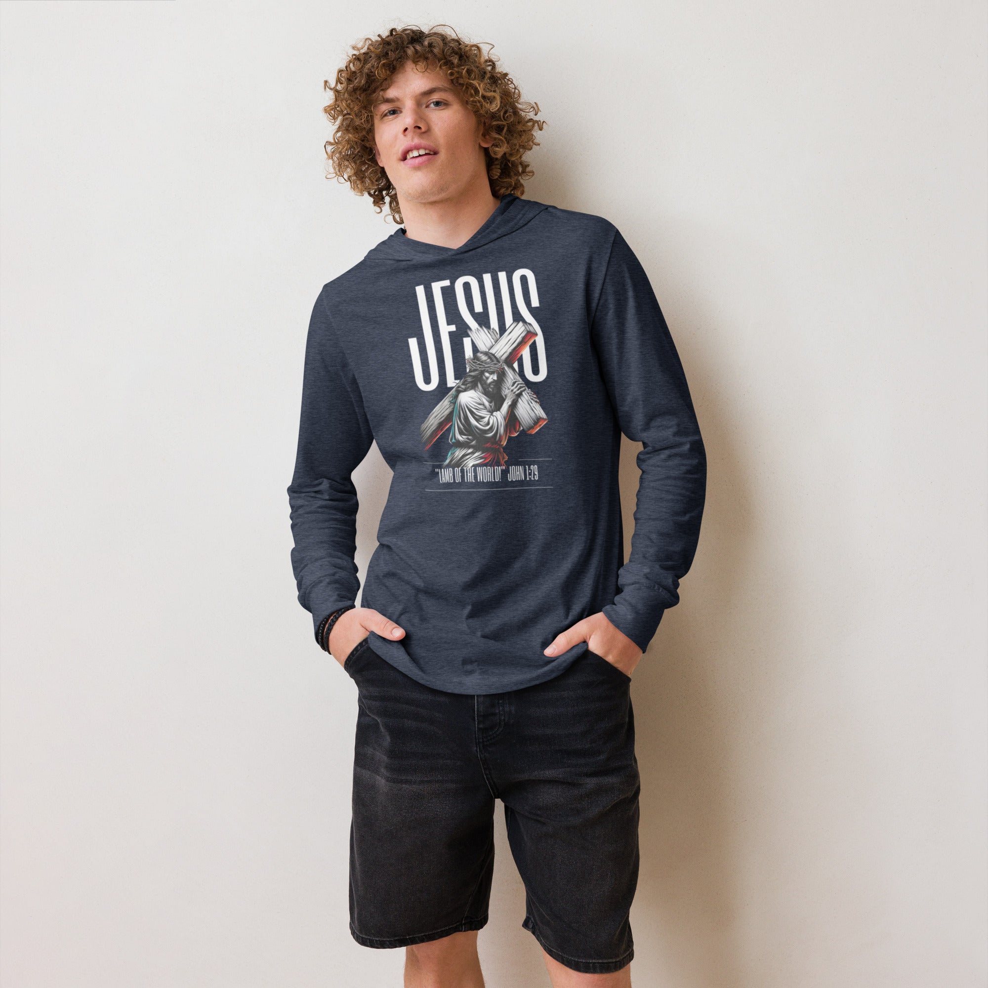 Heather-navy hooded long sleeve with bold Jesus Walk With Faith graphic – Christian-inspired premium hoodie tee blending faith, comfort, and streetwear style. - Annaise Store