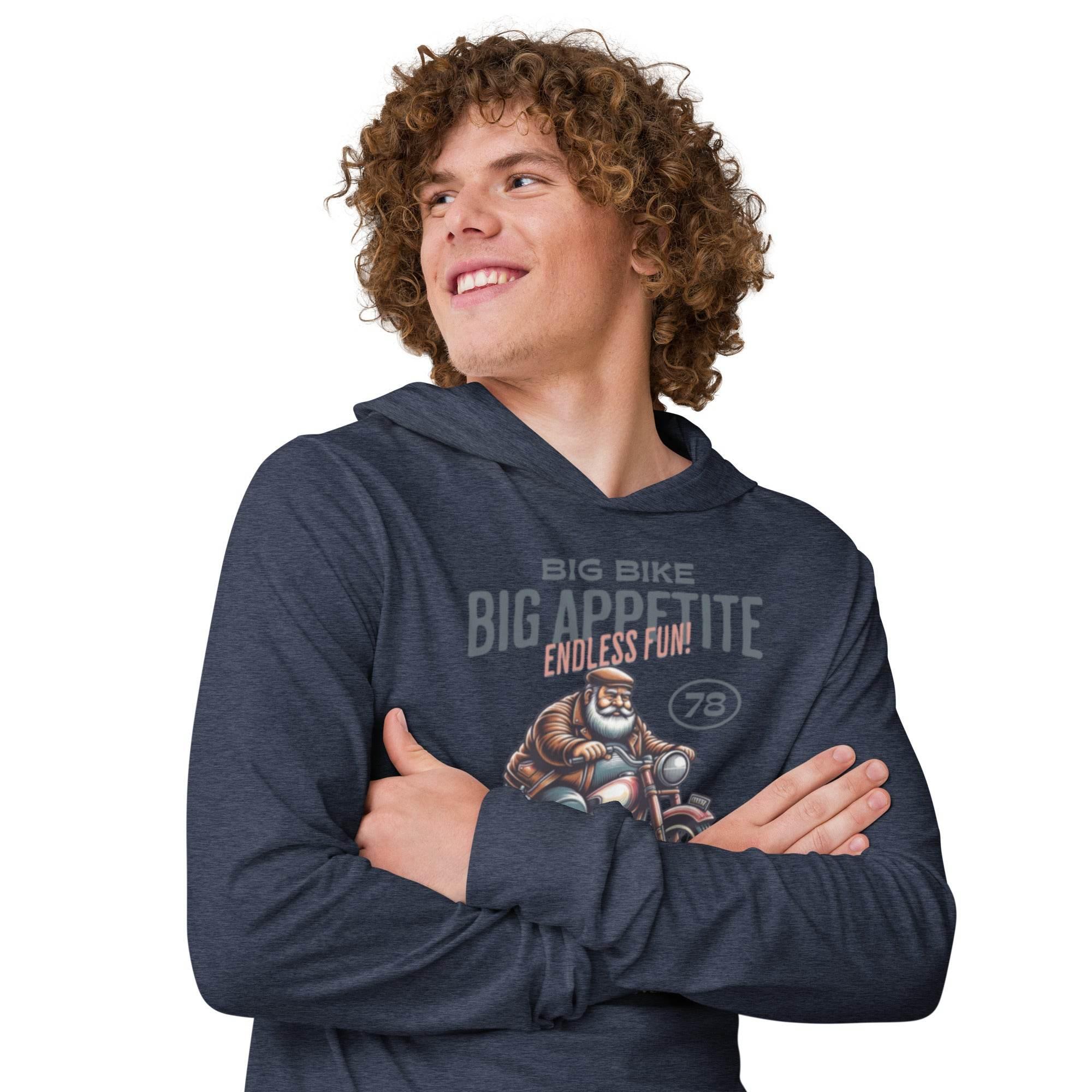 Heather-navy hooded long sleeve with bold motocross bike graphic – adventure-ready premium hoodie tee for riders and thrill-seekers. - Annaise Store