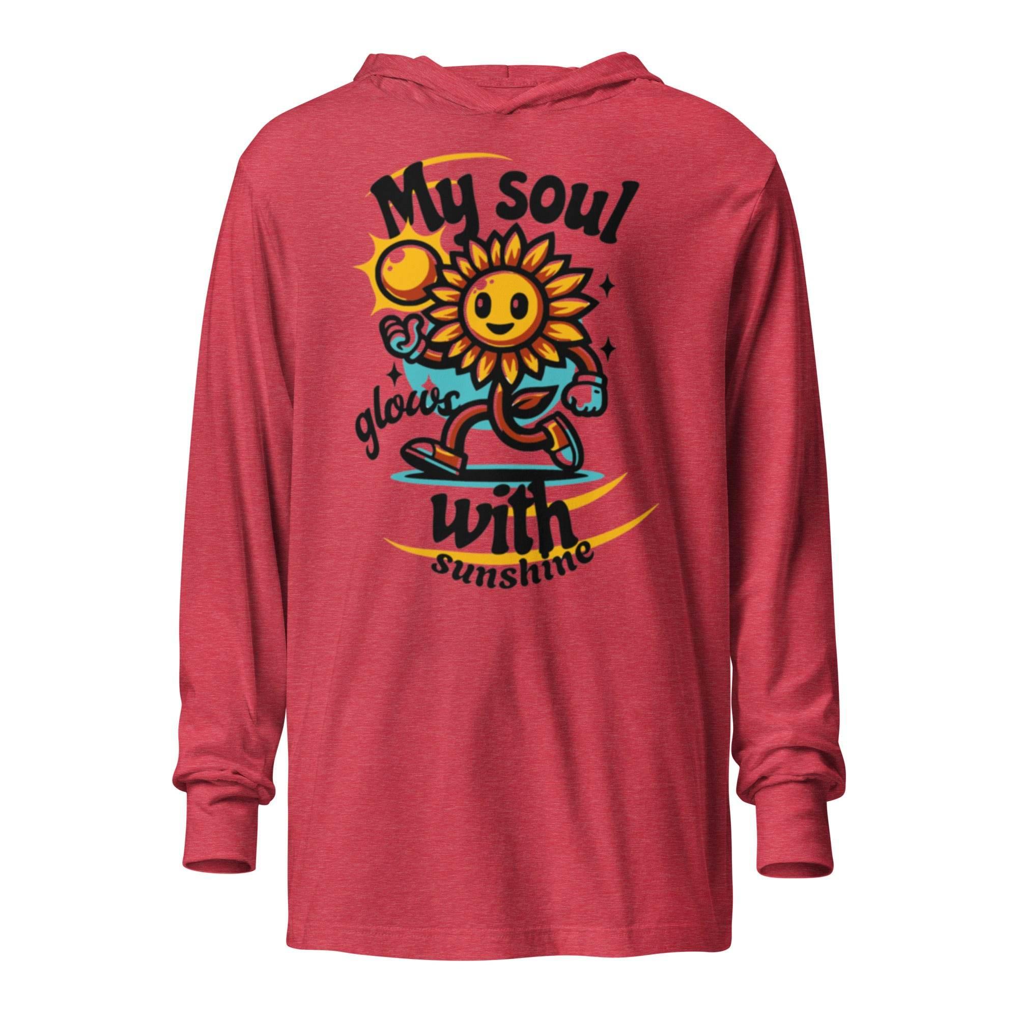 Heather-red hooded long sleeve tee with bold sunshine graphic – unisex lightweight hoodie for comfort and statement streetwear style. - Annaise Store