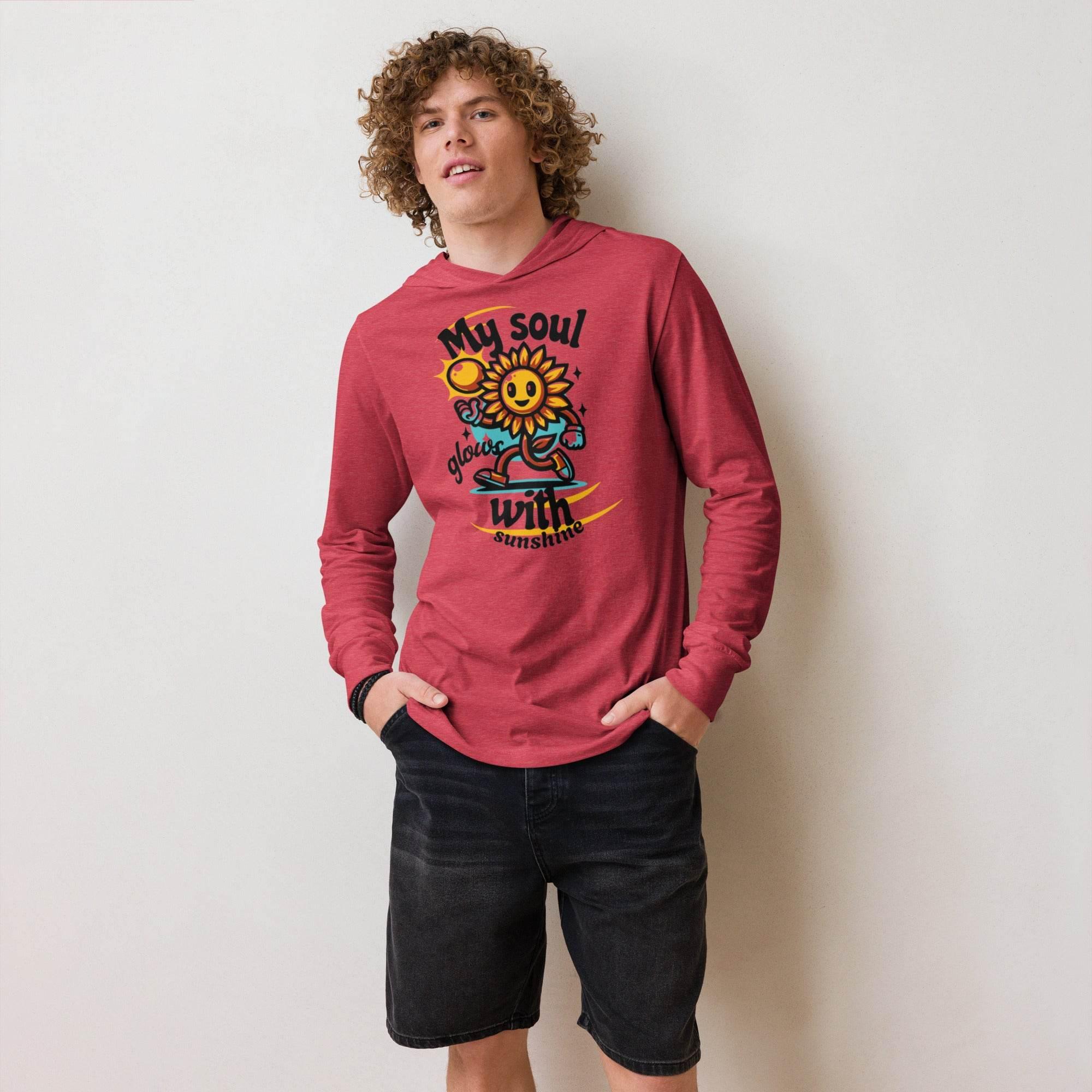 Heather-red hooded long sleeve tee with bold sunshine graphic – unisex lightweight hoodie for comfort and statement streetwear style. - Annaise Store