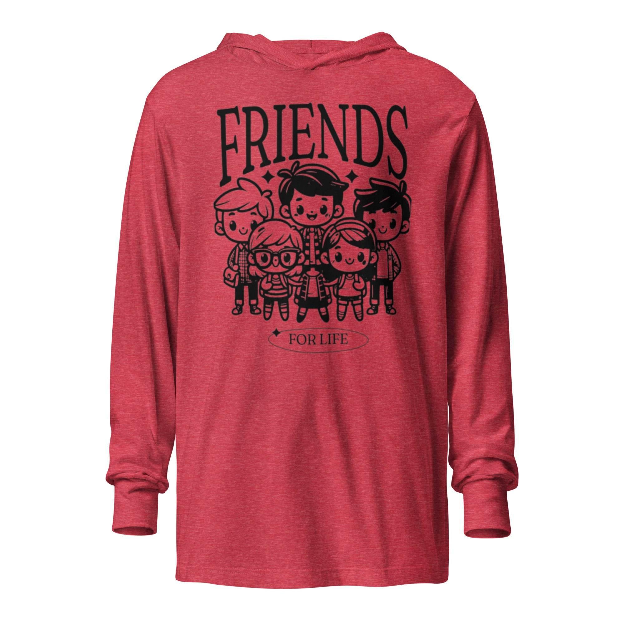 Heather-red hooded long sleeve with friendship-inspired graphic – soft premium hoodie tee celebrating loyalty, bonds, and casual comfort. - Annaise Store