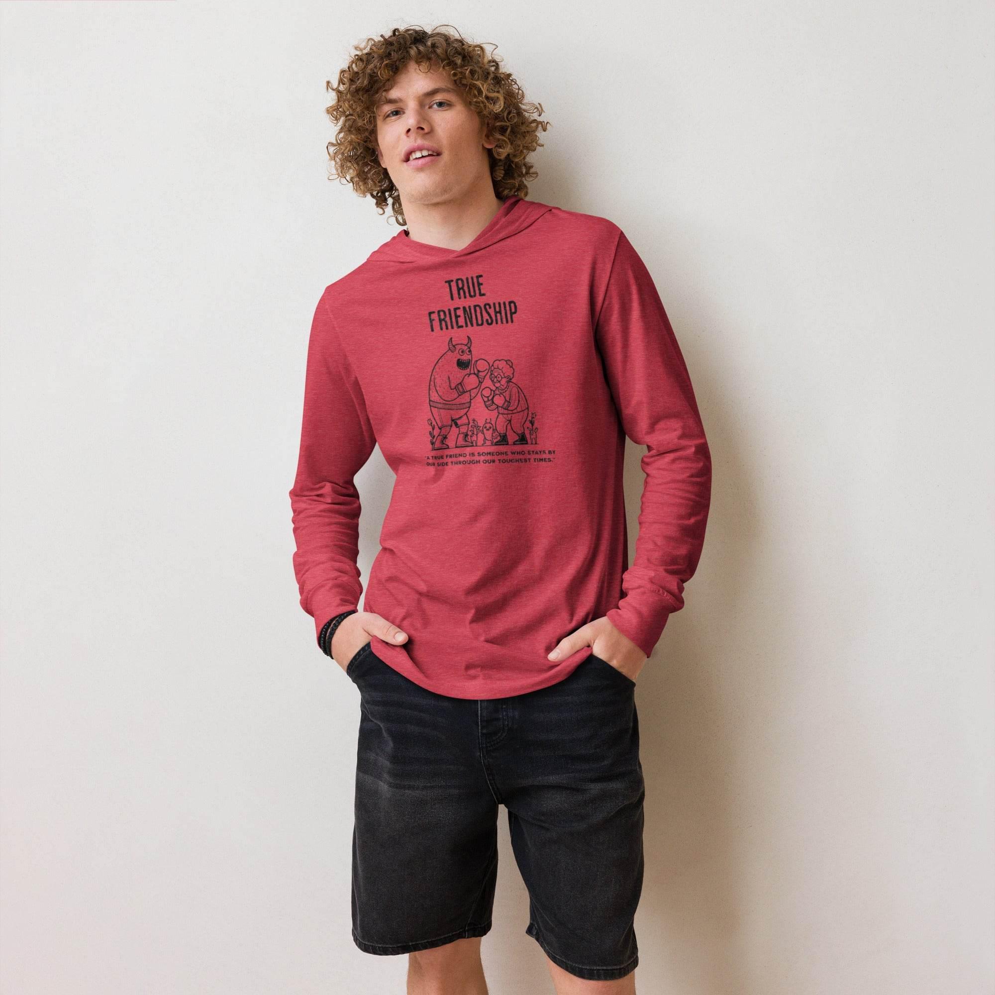 Heather-red hooded long sleeve with guardian friendship graphic – versatile hoodie tee symbolizing loyalty, trust, and modern style. - Annaise Store