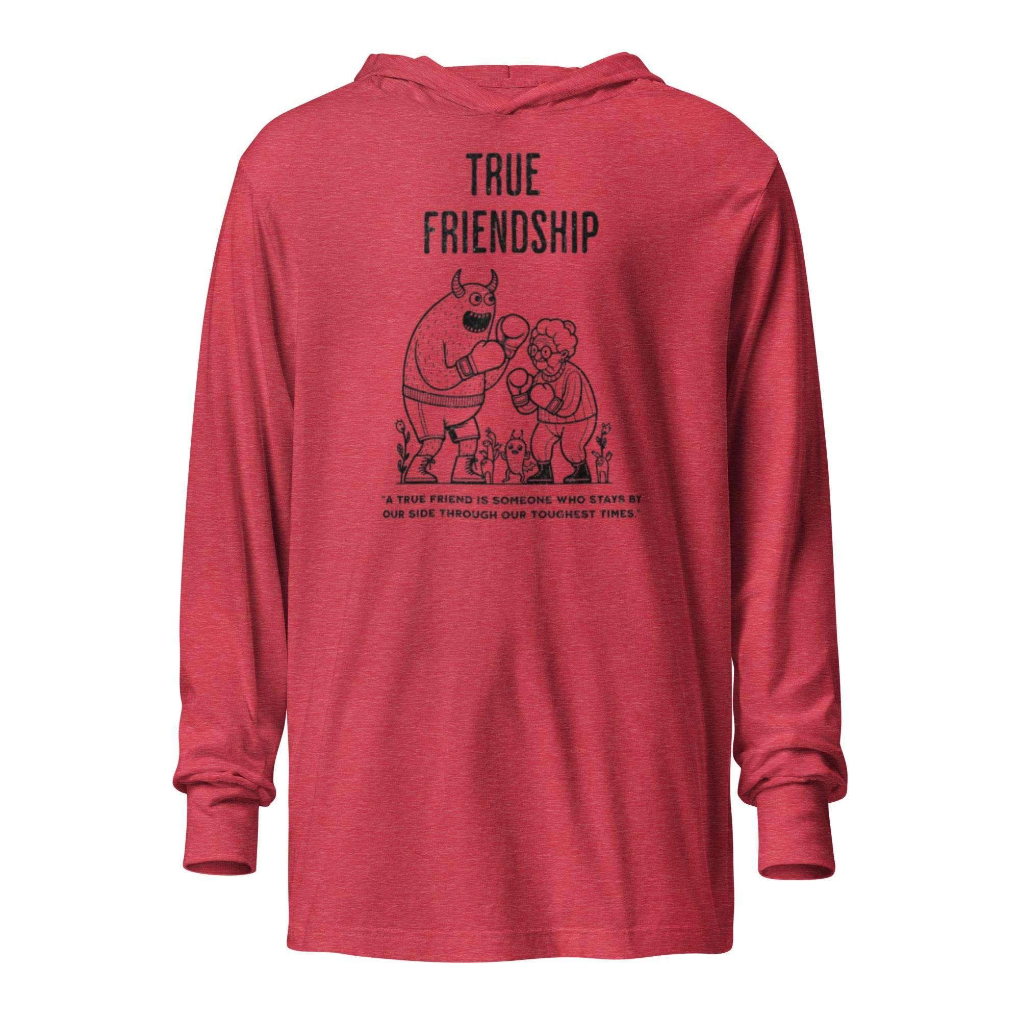 Heather-red hooded long sleeve with guardian friendship graphic – versatile hoodie tee symbolizing loyalty, trust, and modern style. - Annaise Store
