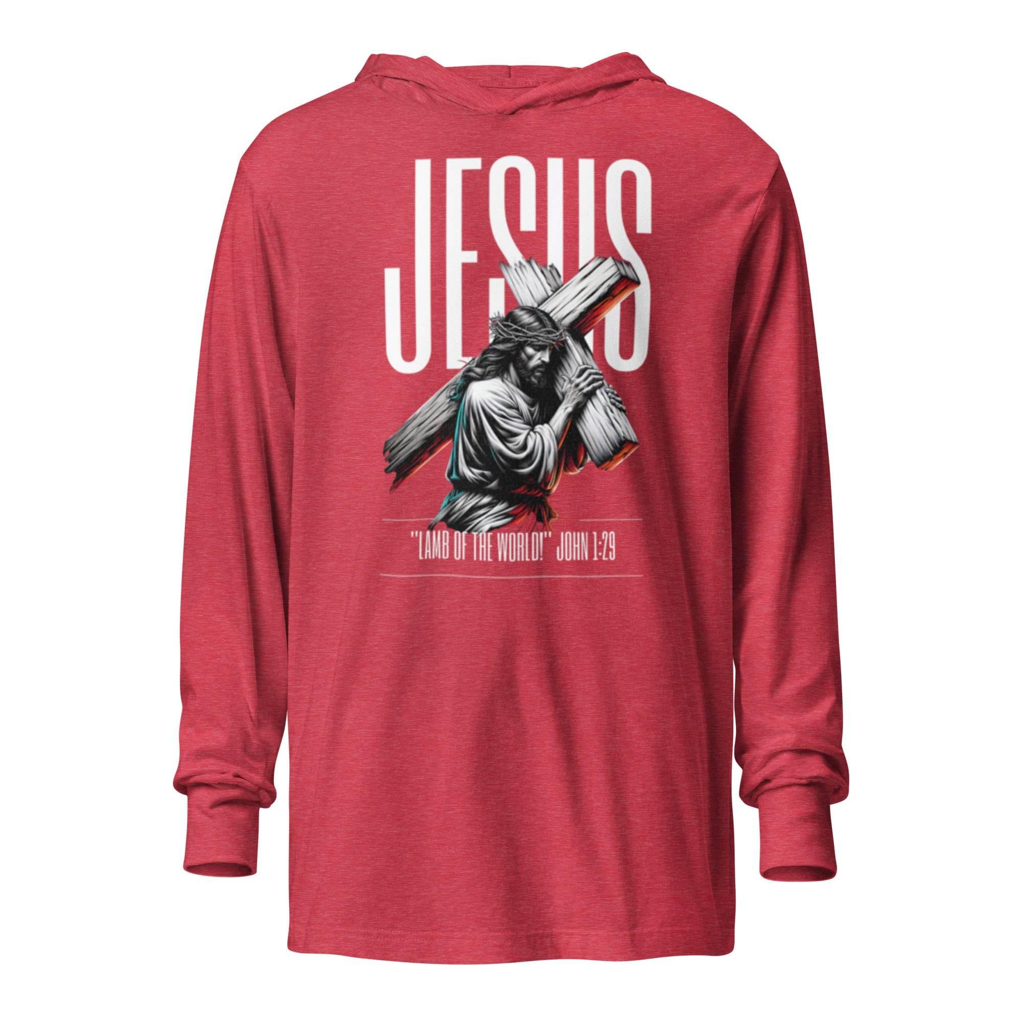 Heather-red hooded long sleeve with bold Jesus Walk With Faith graphic – Christian-inspired premium hoodie tee blending faith, comfort, and streetwear style.  - Annaise Store