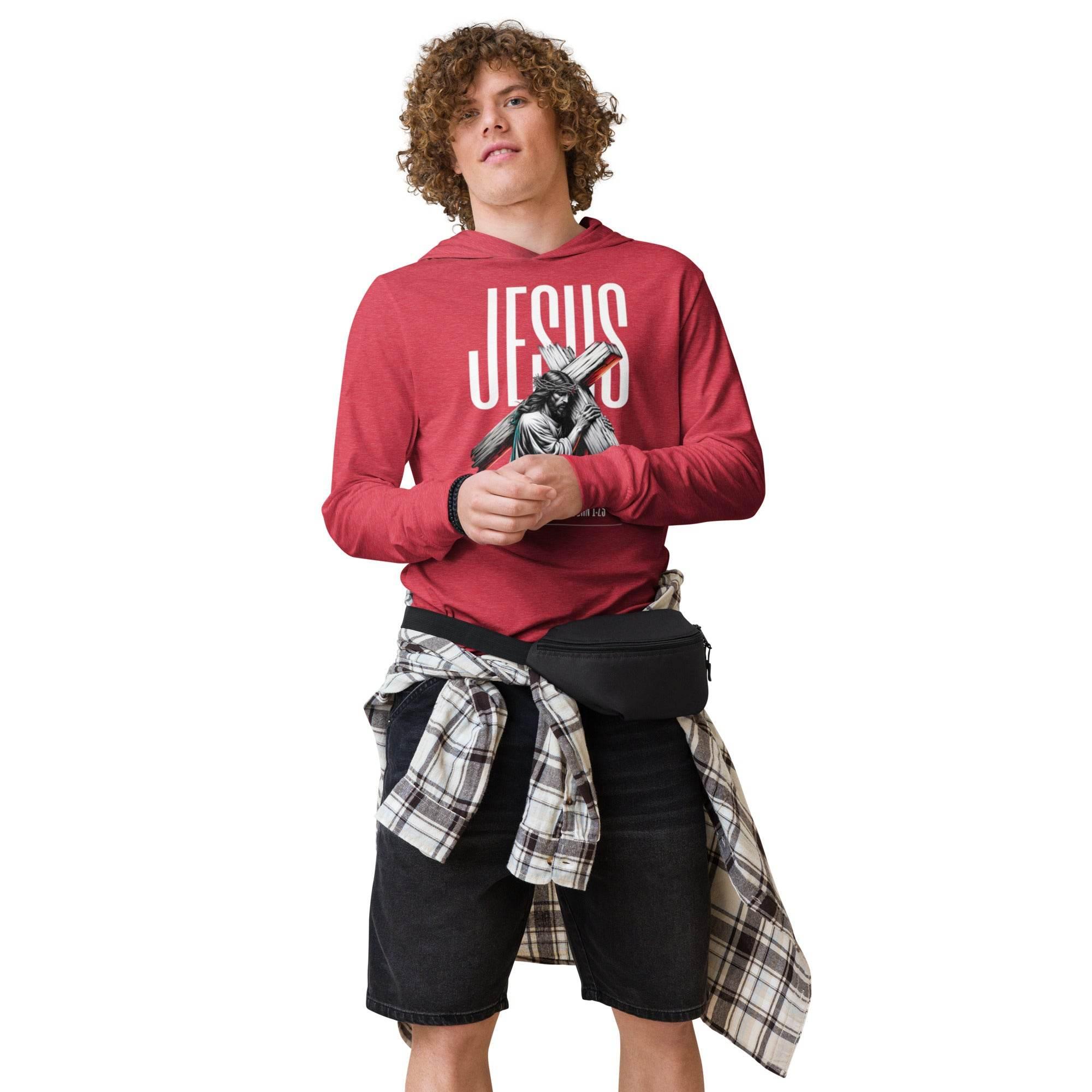 Heather-red hooded long sleeve with bold Jesus Walk With Faith graphic – Christian-inspired premium hoodie tee blending faith, comfort, and streetwear style. - Annaise Store