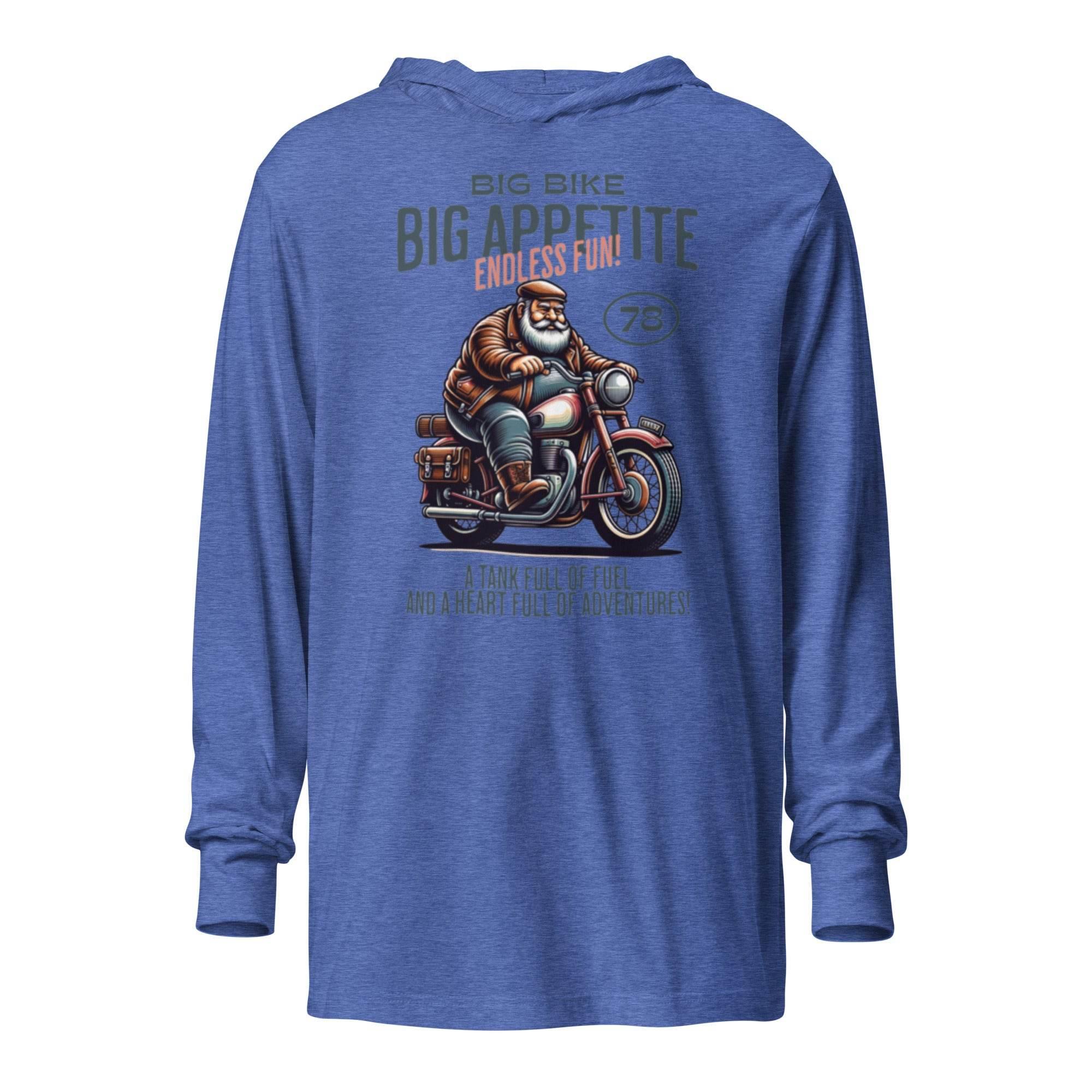 Heather-true-royal hooded long sleeve with bold motocross bike graphic – adventure-ready premium hoodie tee for riders and thrill-seekers. - Annaise Store