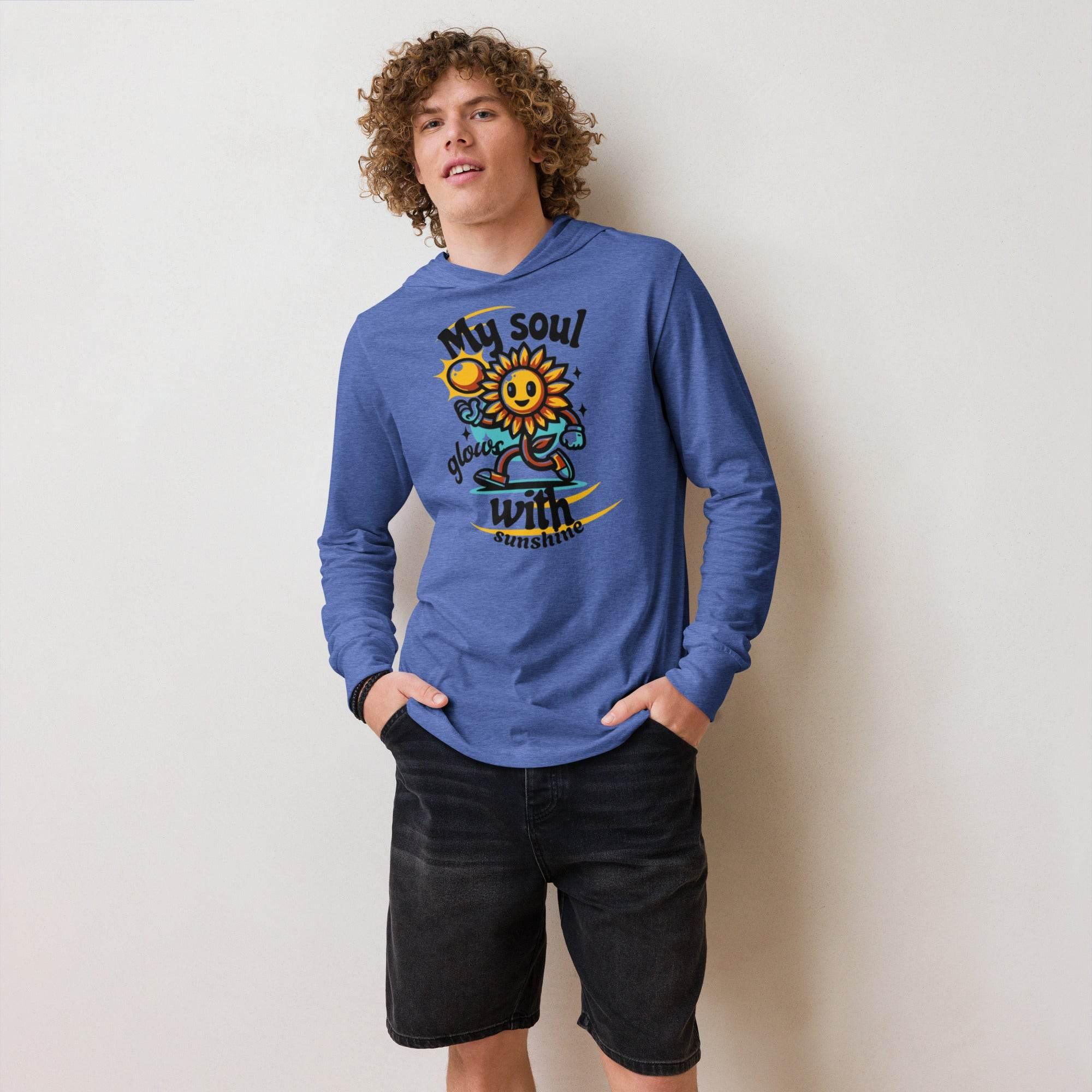 Heather-true-royal hooded long sleeve tee with bold sunshine graphic – unisex lightweight hoodie for comfort and statement streetwear style. - Annaise Store