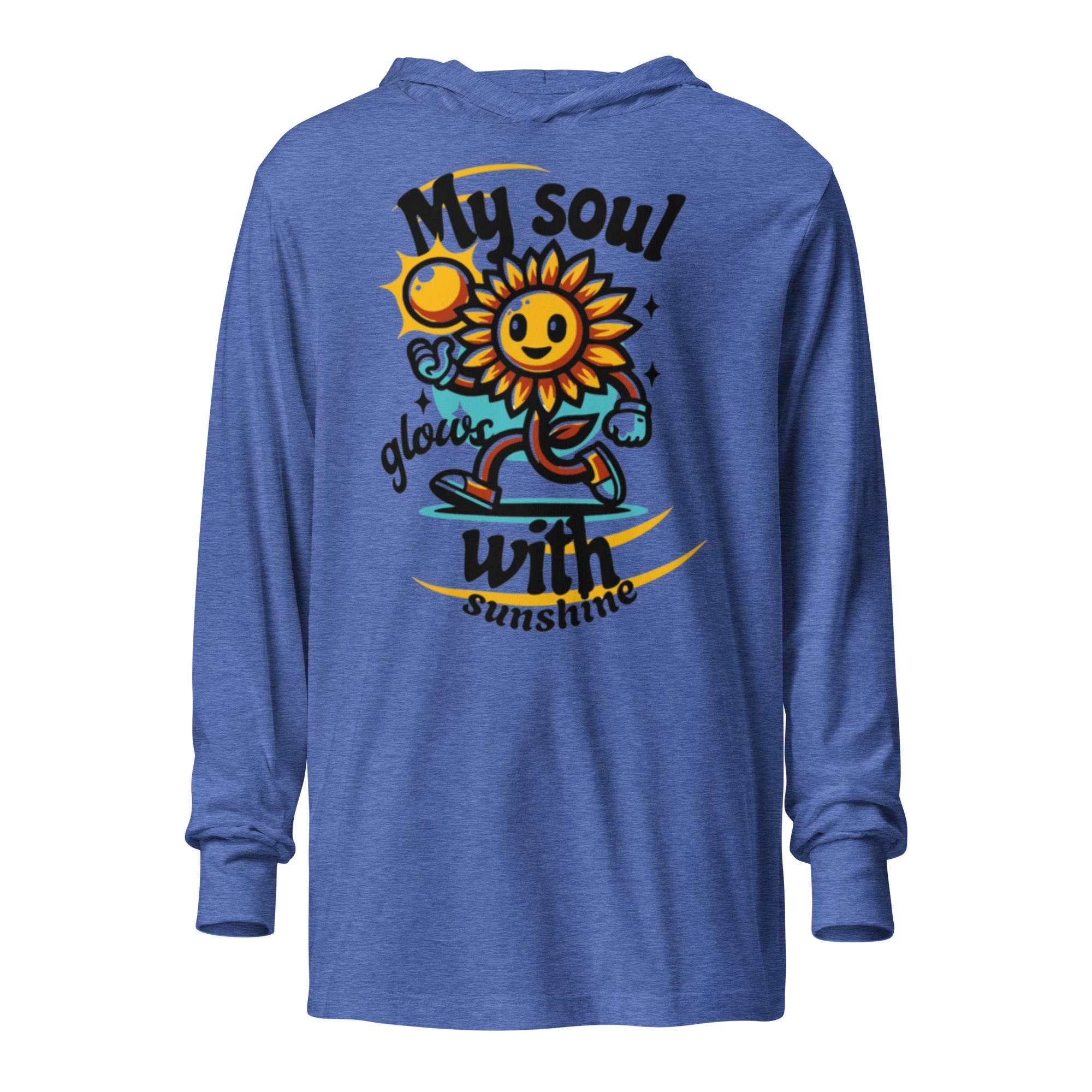 Heather-true-royal hooded long sleeve tee with bold sunshine graphic – unisex lightweight hoodie for comfort and statement streetwear style. - Annaise Store