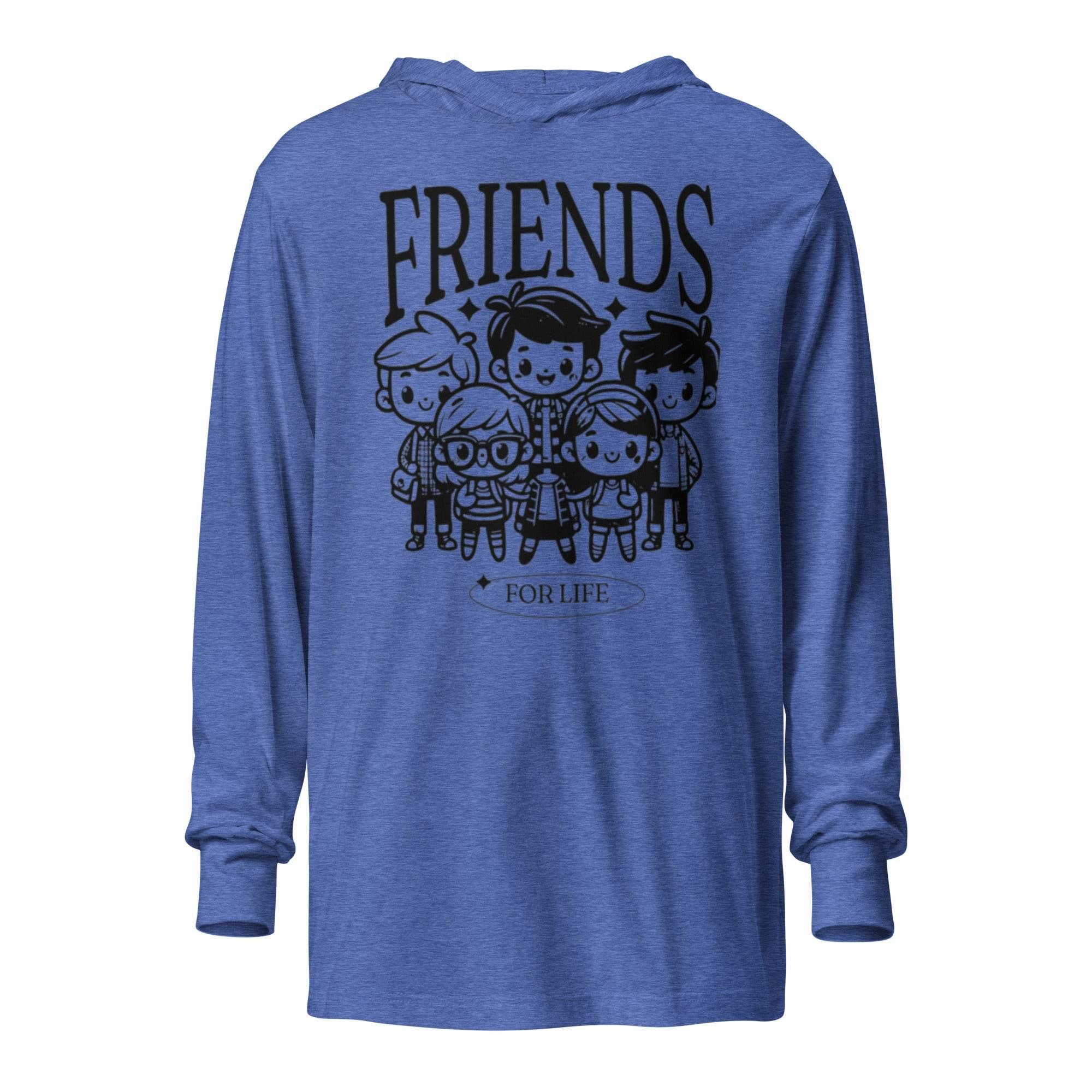 Heather-true-royal hooded long sleeve with friendship-inspired graphic – soft premium hoodie tee celebrating loyalty, bonds, and casual comfort. - Annaise Store