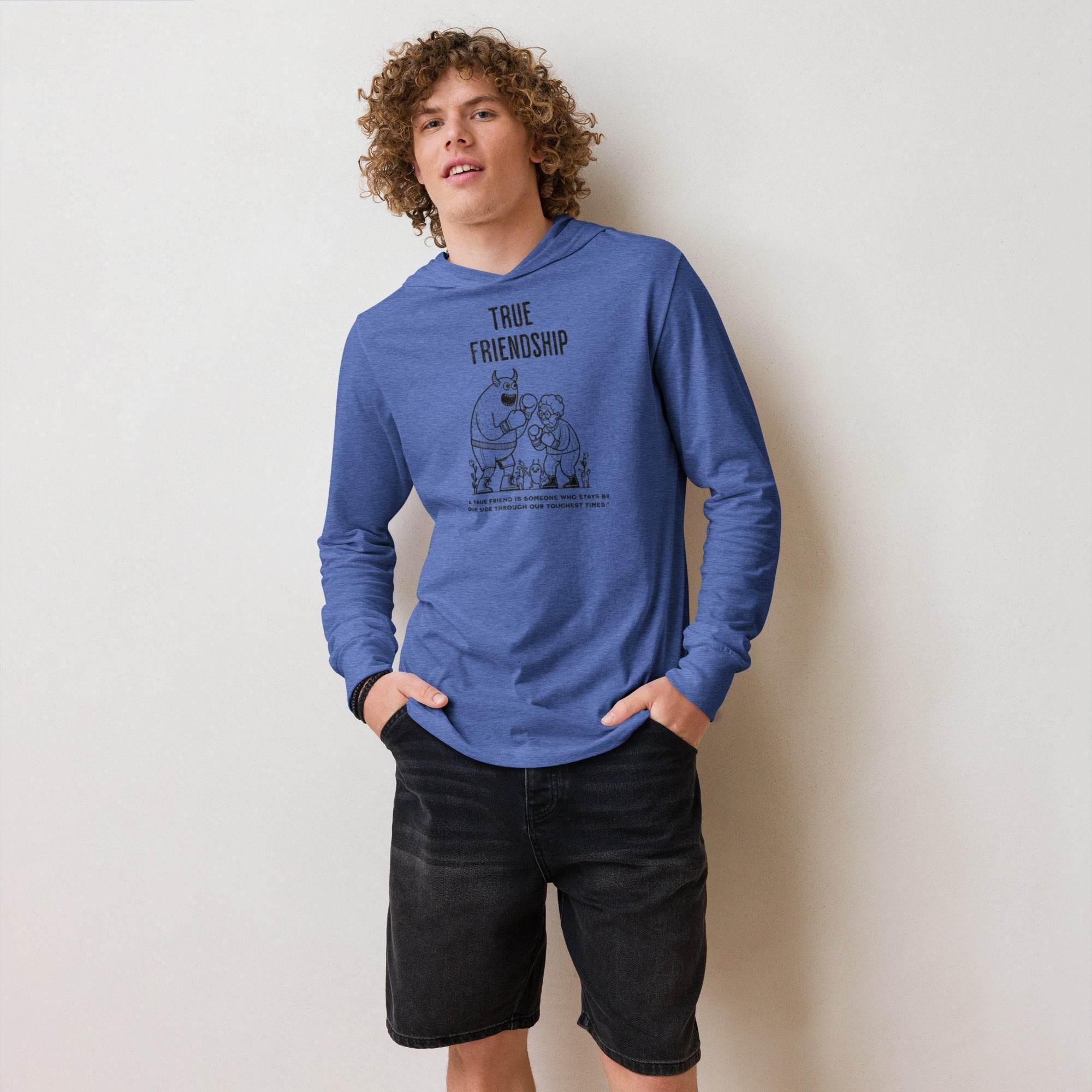 Heather-true-royal hooded long sleeve with guardian friendship graphic – versatile hoodie tee symbolizing loyalty, trust, and modern style. - Annaise Store