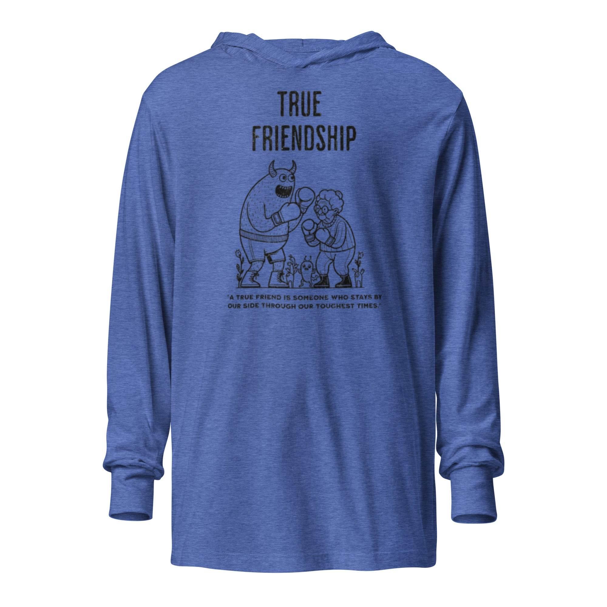 Heather-true-royal hooded long sleeve with guardian friendship graphic – versatile hoodie tee symbolizing loyalty, trust, and modern style. - Annaise Store