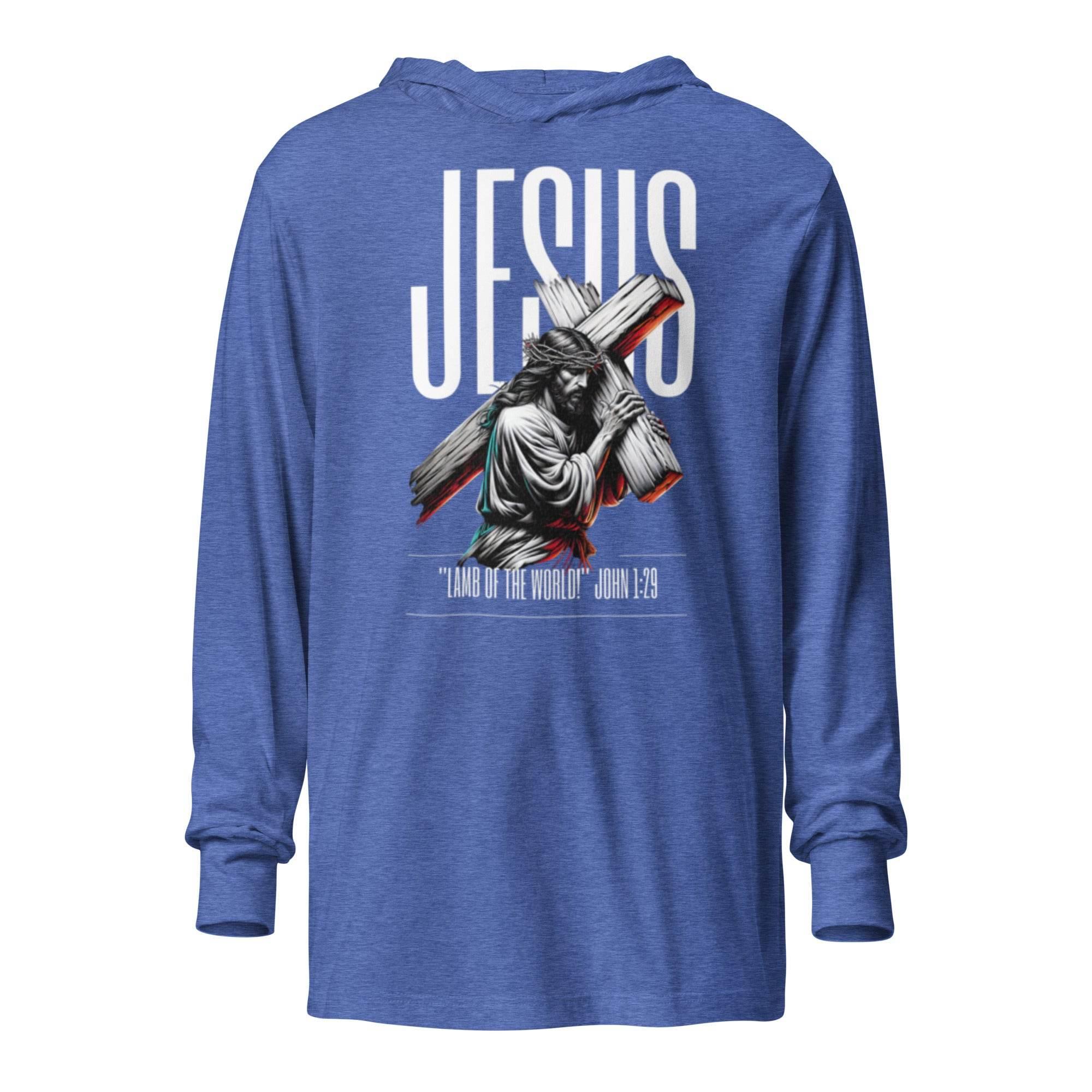 Heather-true-royal hooded long sleeve with bold Jesus Walk With Faith graphic – Christian-inspired premium hoodie tee blending faith, comfort, and streetwear style. - Annaise Store