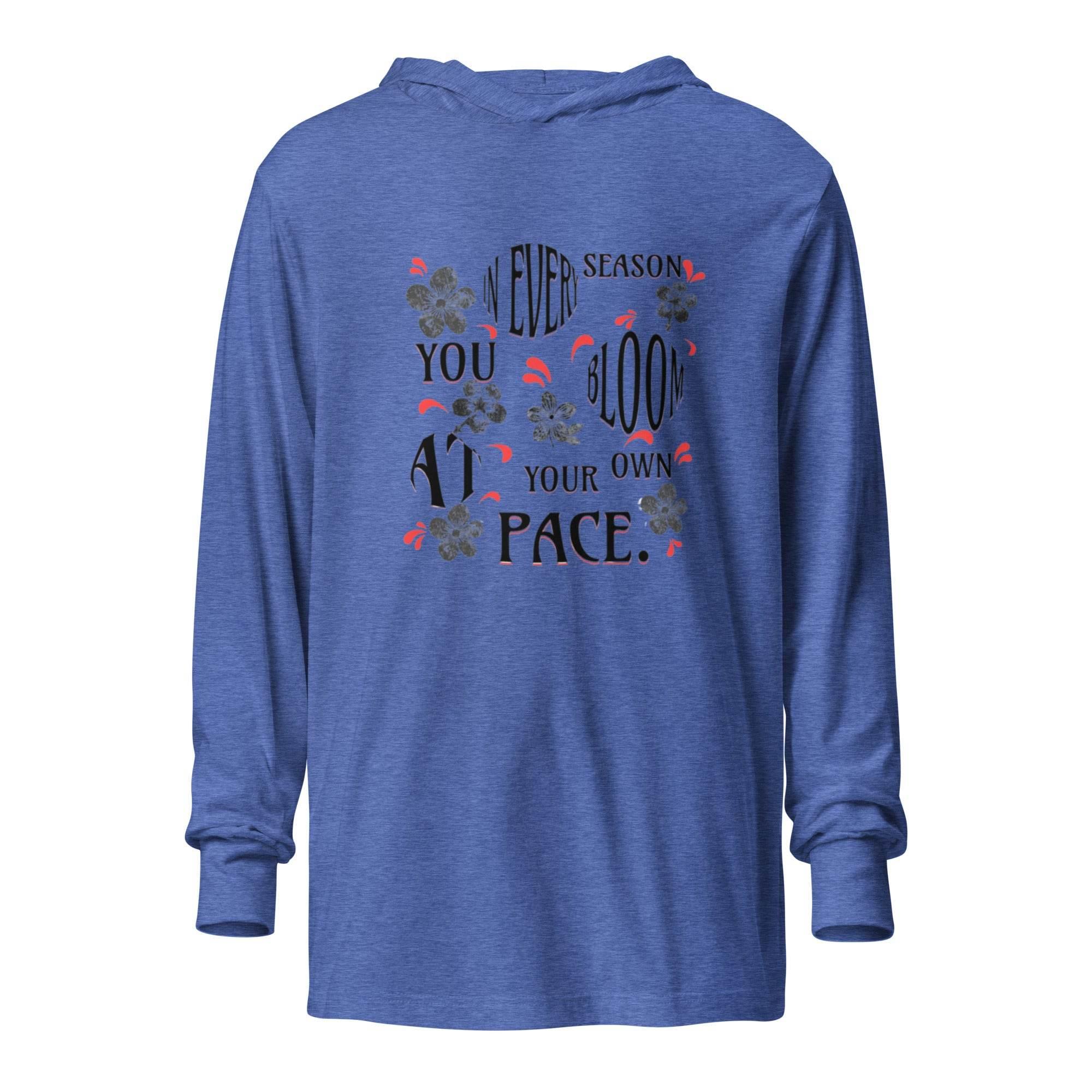 Heather-true-royal hooded long sleeve with floral self-growth graphic – motivational premium hoodie tee blending positivity, style, and everyday comfort.- Annaise Store