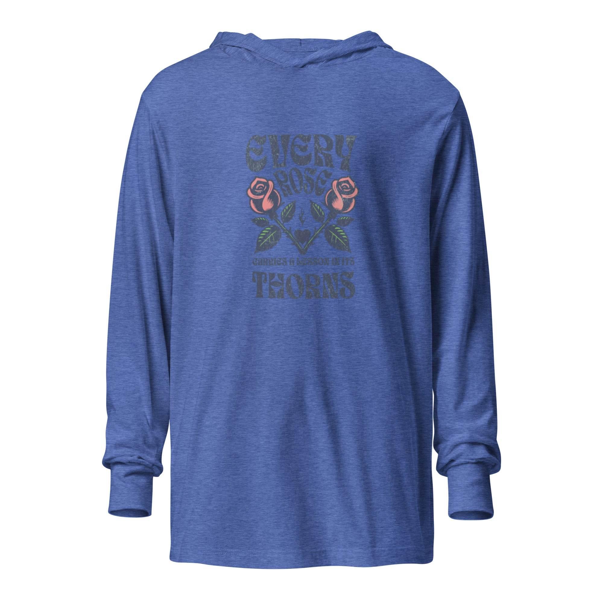 Heather-true-royal hooded long sleeve with rose and thorns floral graphic – vintage-inspired premium hoodie tee for bold, artistic everyday wear. - Annaise Store