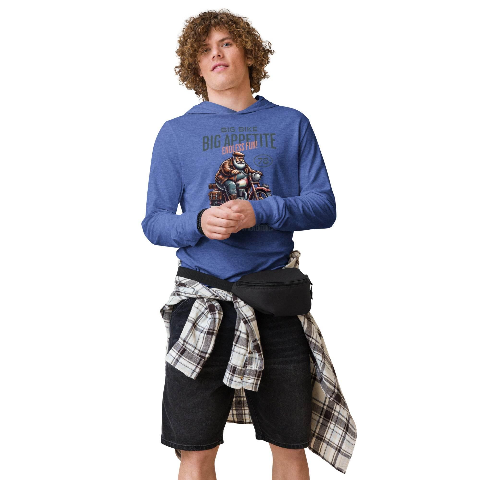 Heather-true-royal hooded long sleeve with bold motocross bike graphic – adventure-ready premium hoodie tee for riders and thrill-seekers. - Annaise Store