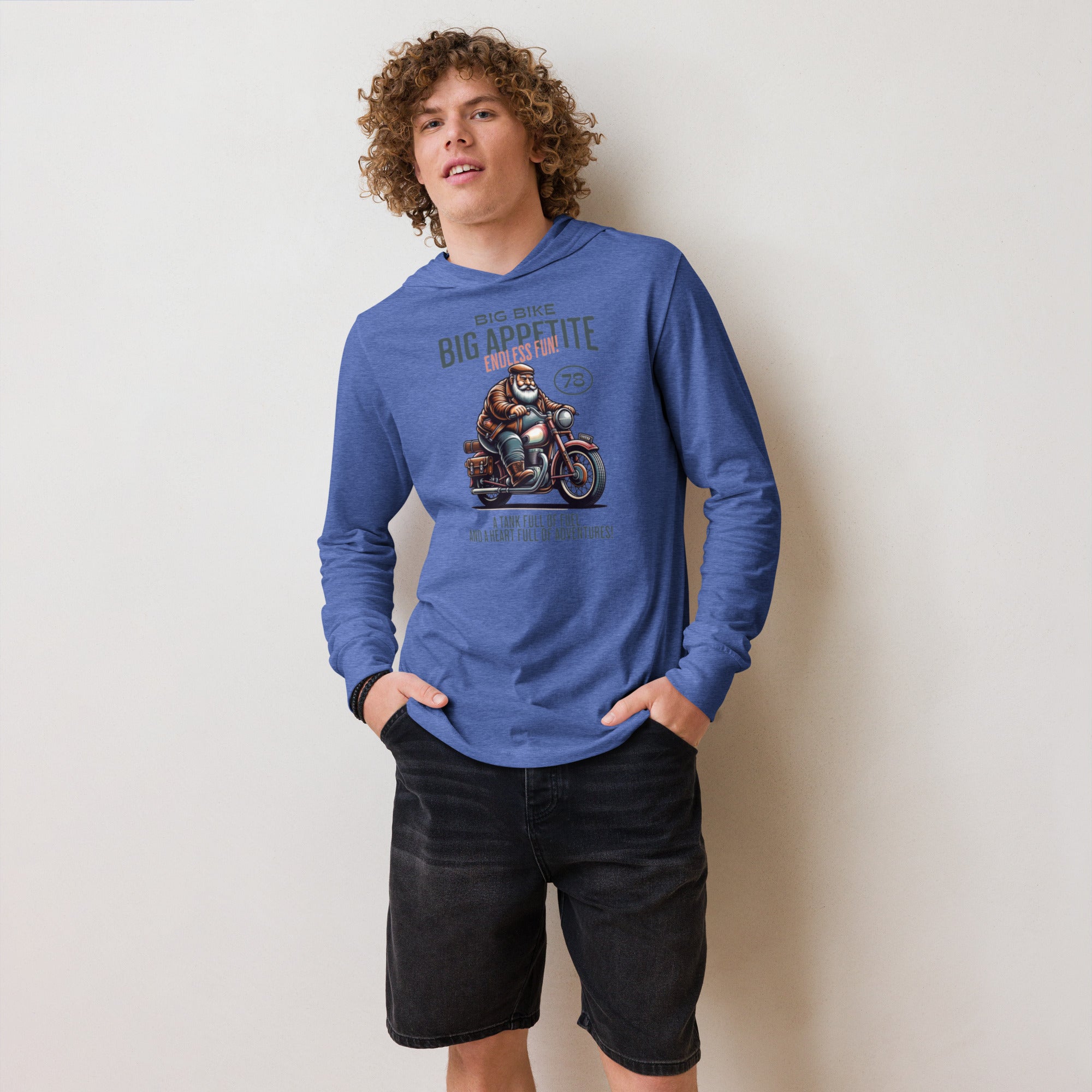 Heather-true-royal hooded long sleeve with bold motocross bike graphic – adventure-ready premium hoodie tee for riders and thrill-seekers. - Annaise Store