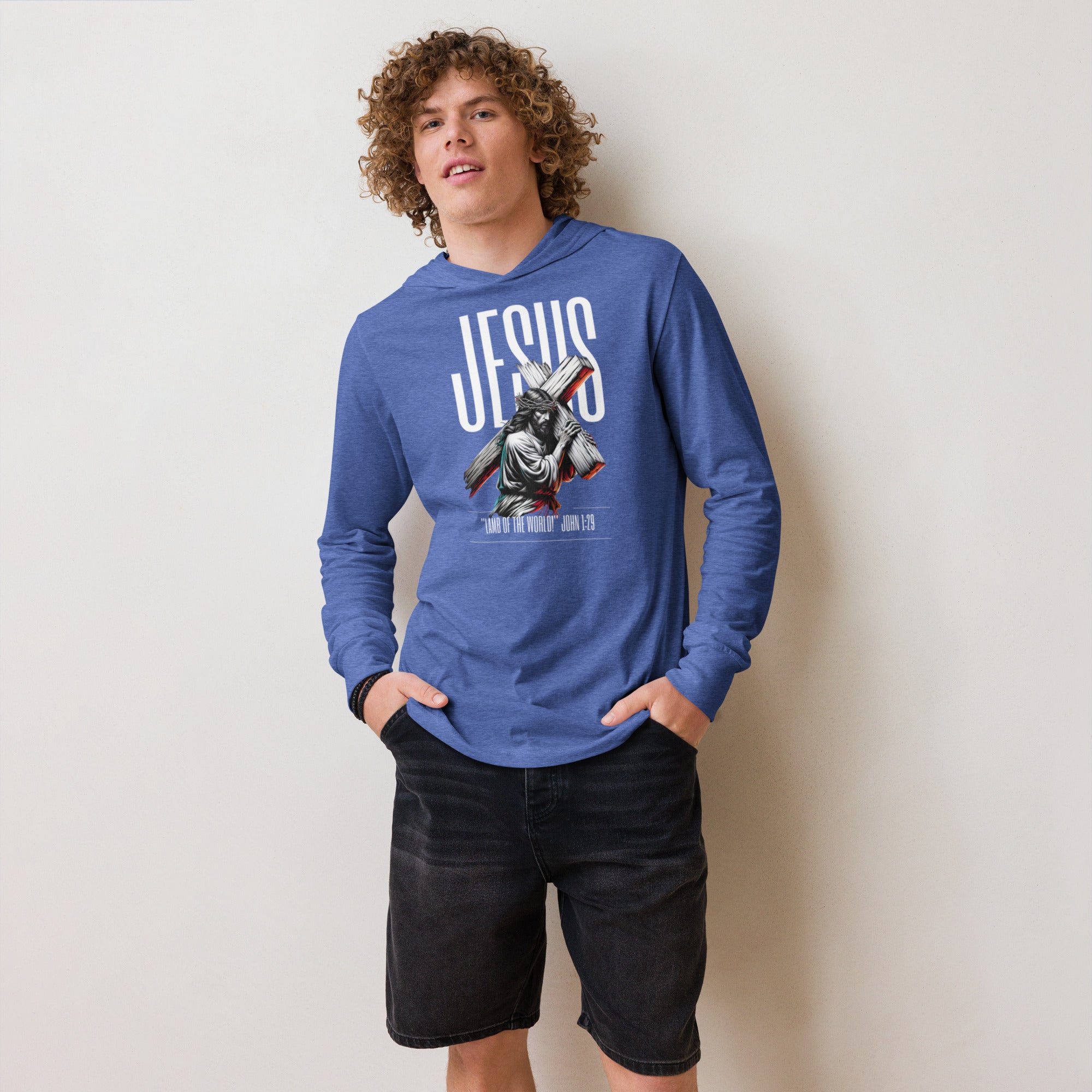 Heather-true-royal hooded long sleeve with bold Jesus Walk With Faith graphic – Christian-inspired premium hoodie tee blending faith, comfort, and streetwear style. - Annaise Store