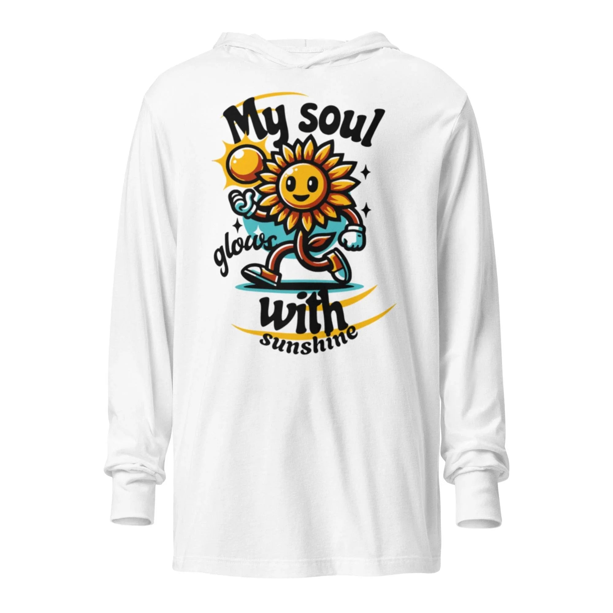 White hooded long sleeve tee with bold sunshine graphic – unisex lightweight hoodie for comfort and statement streetwear style. - Annaise Store
