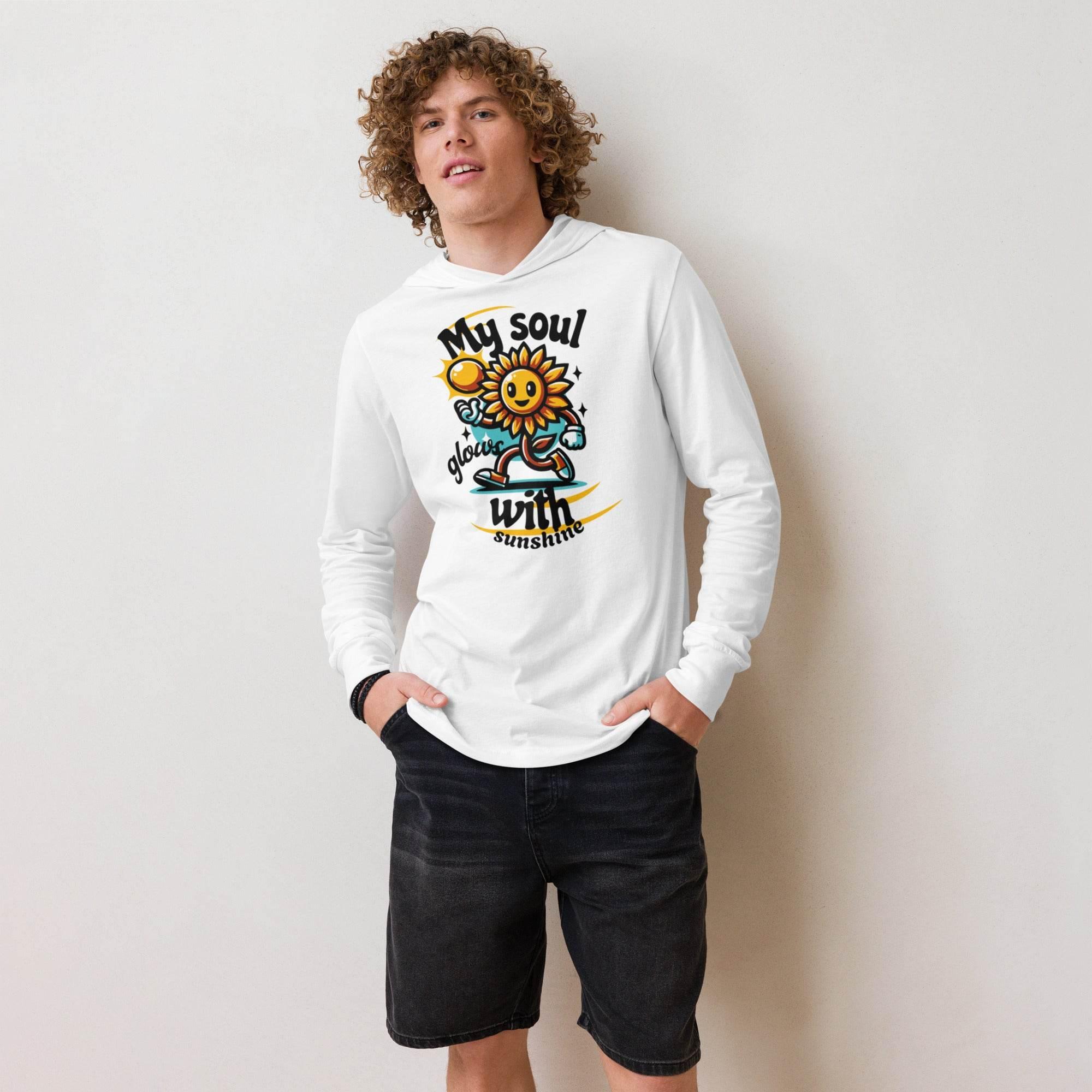 White hooded long sleeve tee with bold sunshine graphic – unisex lightweight hoodie for comfort and statement streetwear style. - Annaise Store