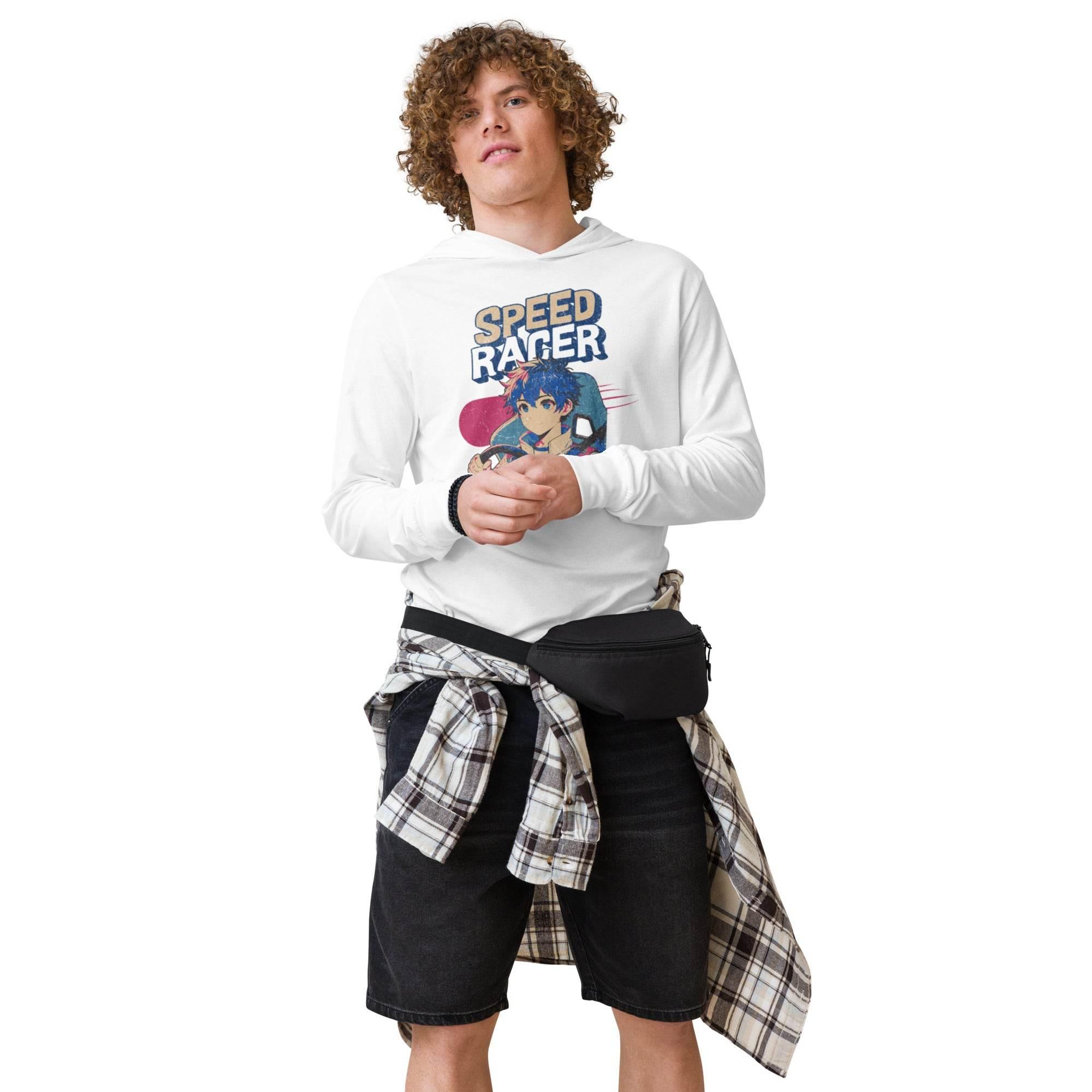 White hooded long sleeve with retro motorsport racer graphic – vintage-inspired hoodie tee for speed, energy, and casual comfort. - Annaise Store