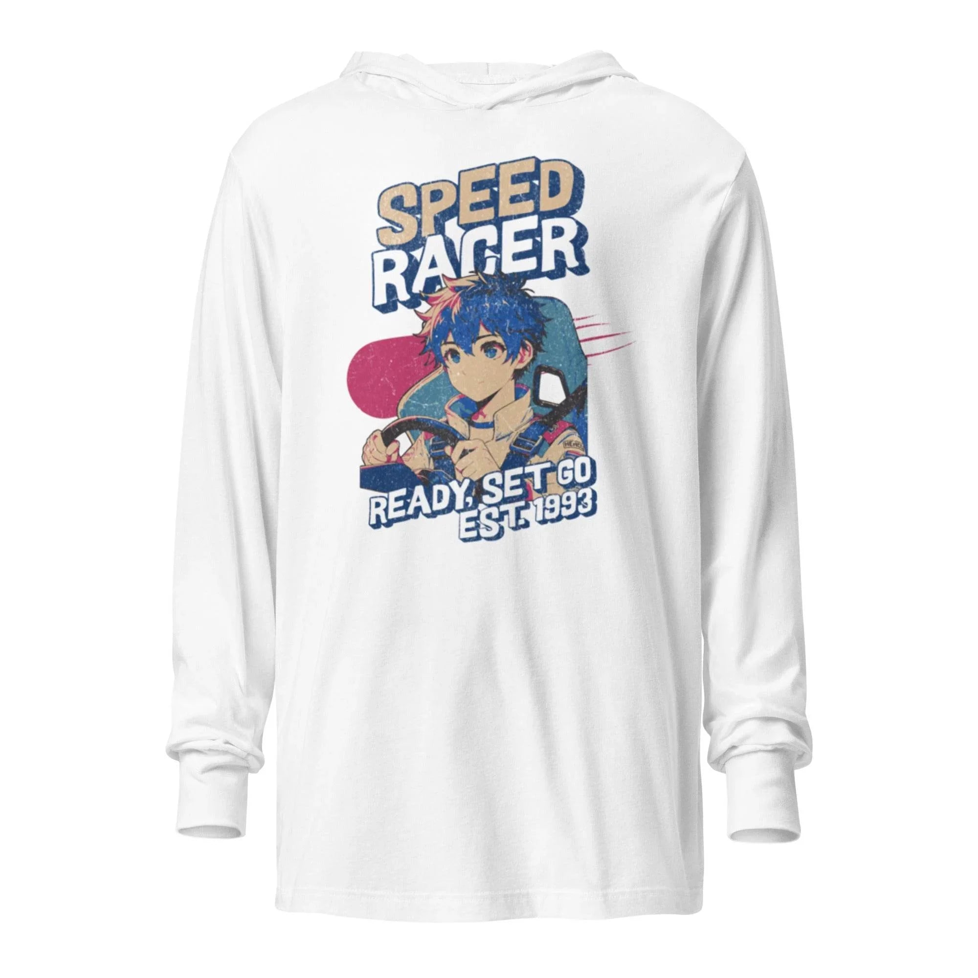 White hooded long sleeve with retro motorsport racer graphic – vintage-inspired hoodie tee for speed, energy, and casual comfort. - Annaise Store