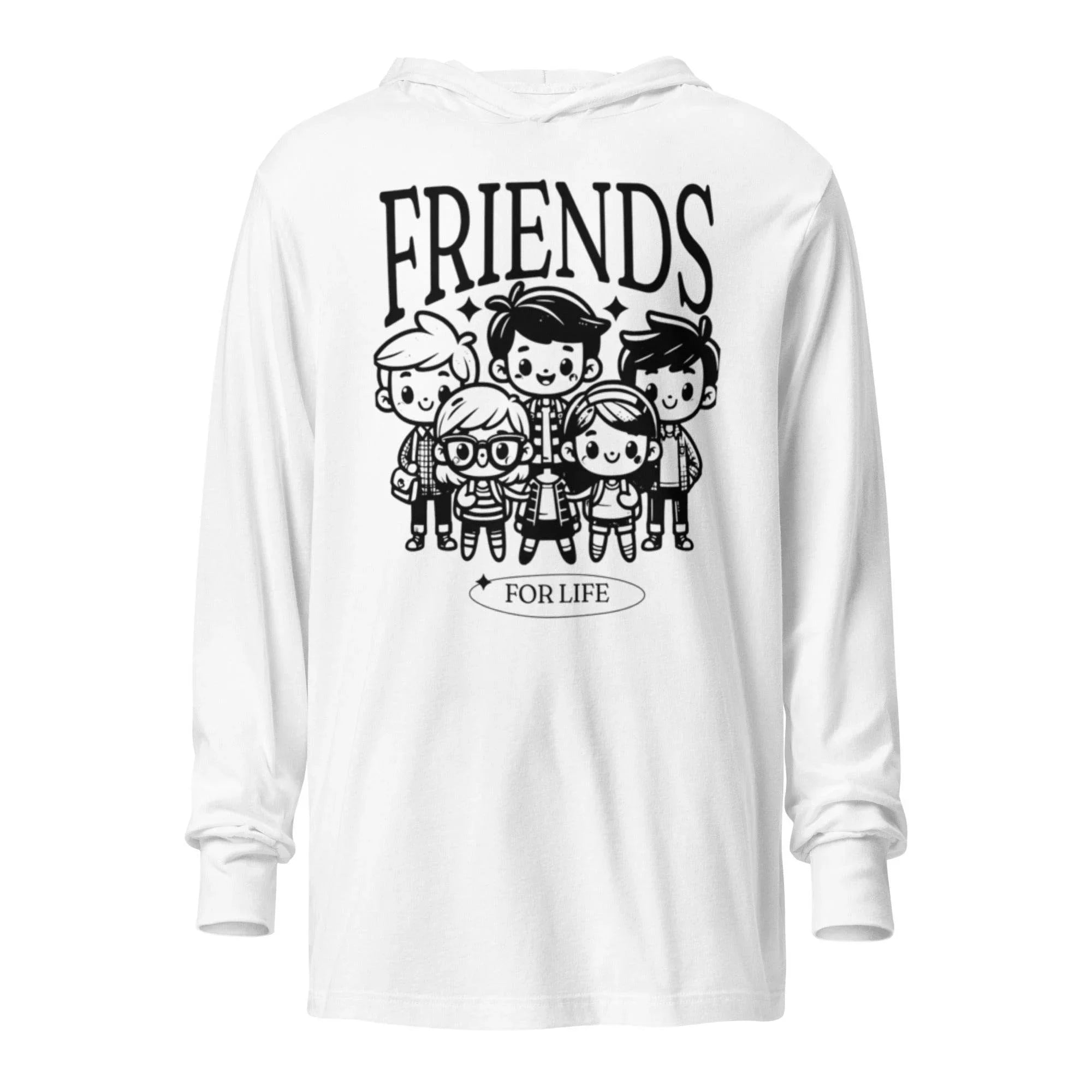 White hooded long sleeve with friendship-inspired graphic – soft premium hoodie tee celebrating loyalty, bonds, and casual comfort. - Annaise Store