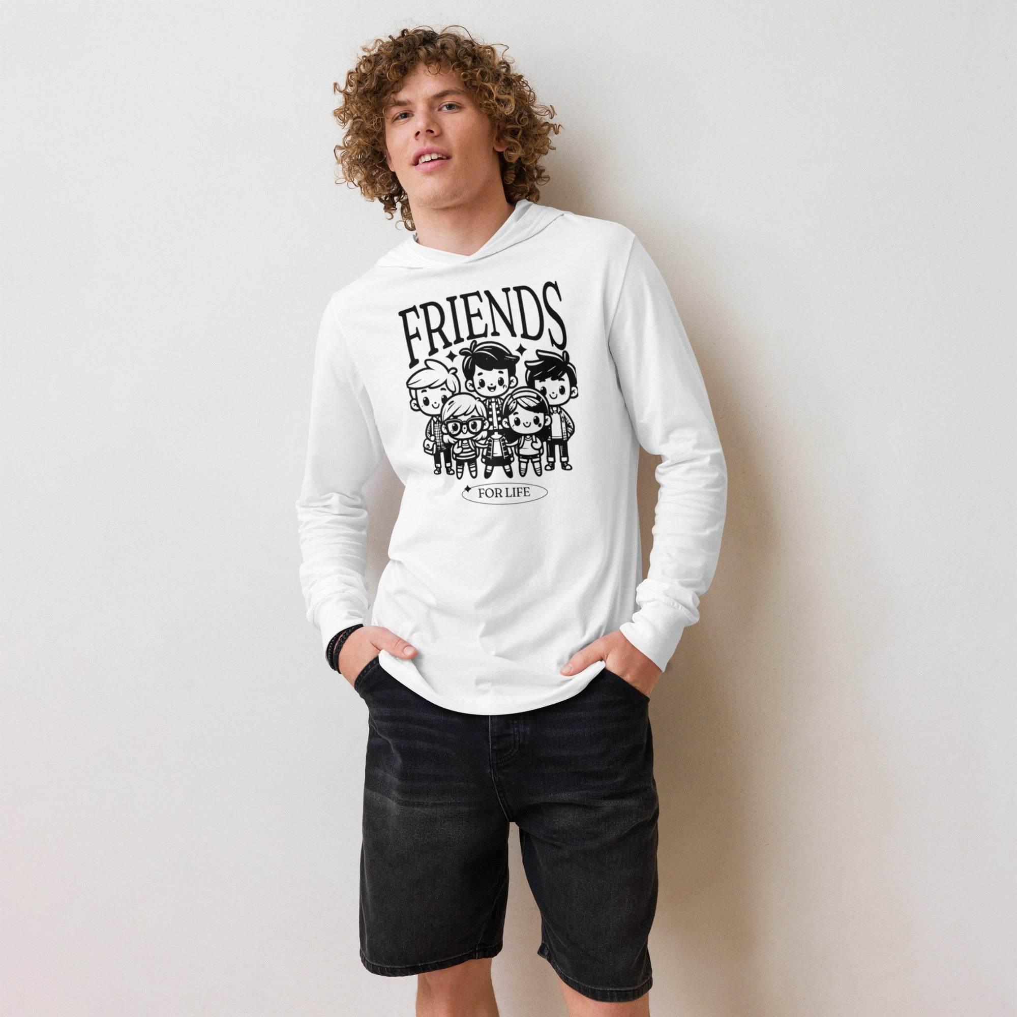 White hooded long sleeve with friendship-inspired graphic – soft premium hoodie tee celebrating loyalty, bonds, and casual comfort. - Annaise Store
