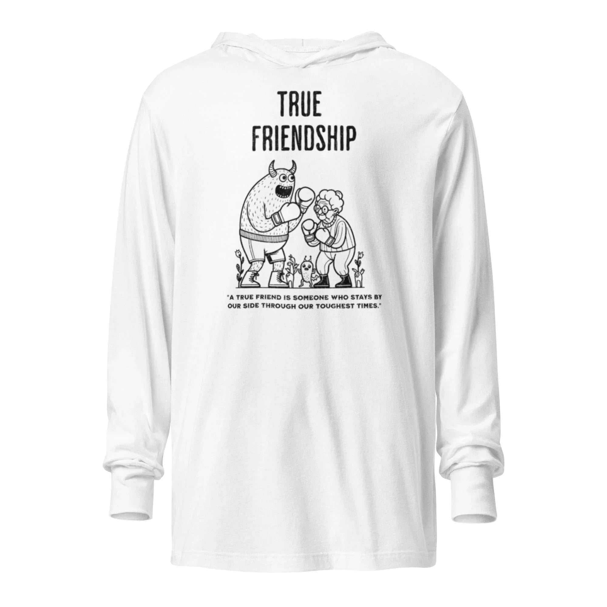White hooded long sleeve with guardian friendship graphic – versatile hoodie tee symbolizing loyalty, trust, and modern style.- Annaise Store