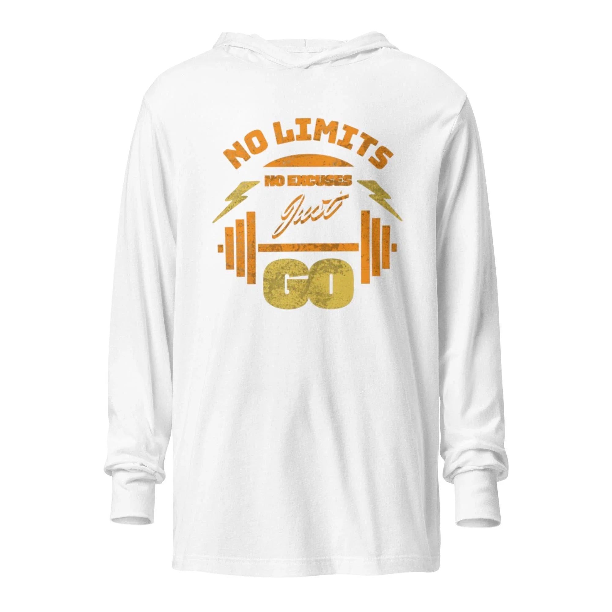 White hooded long sleeve with No Limits training graphic – motivational fitness hoodie tee for bold style and all-day comfort. - Annaise Store