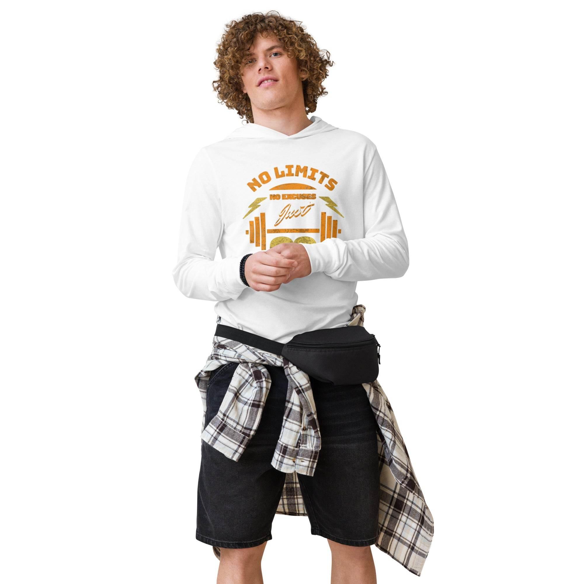 White hooded long sleeve with No Limits training graphic – motivational fitness hoodie tee for bold style and all-day comfort. - Annaise Store