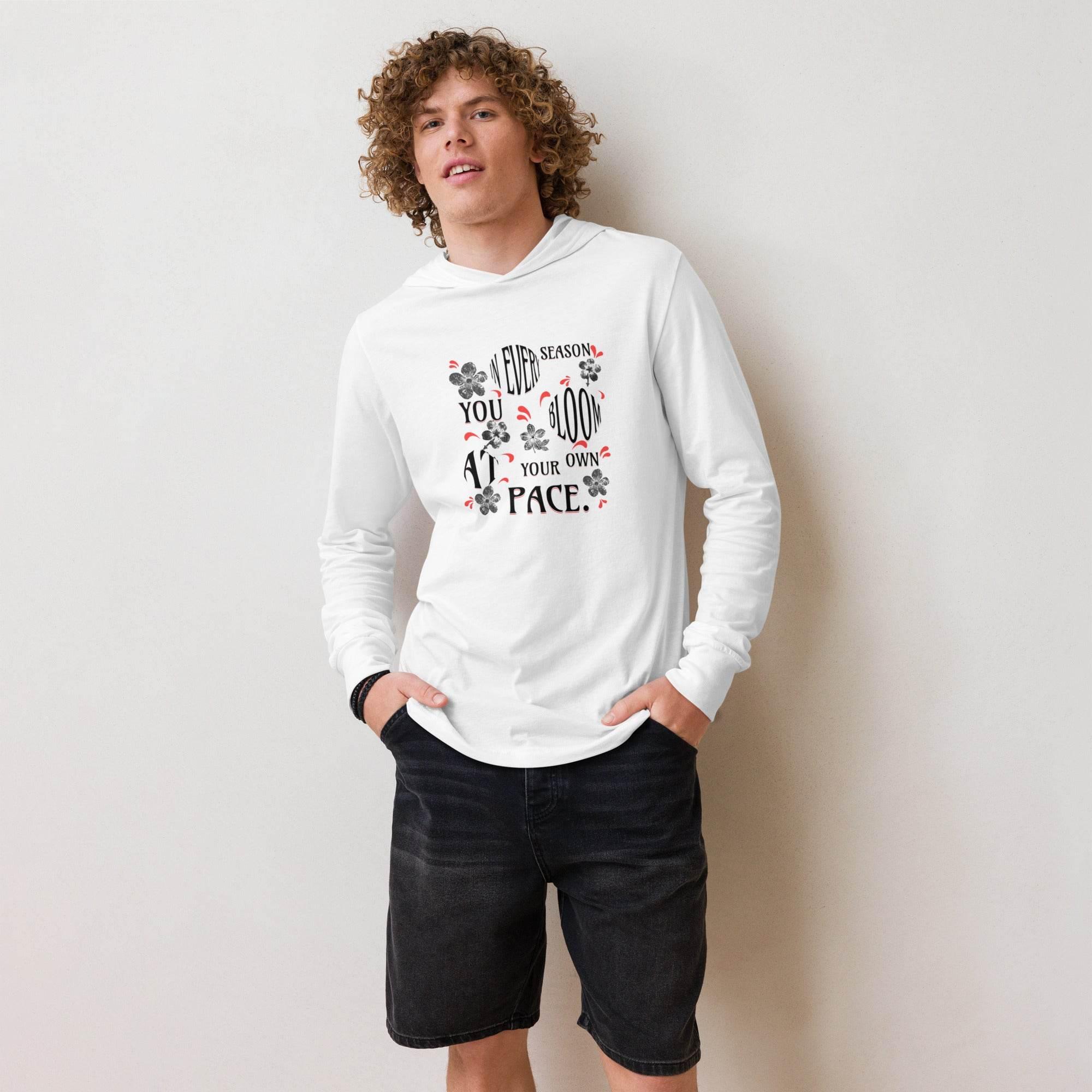 White hooded long sleeve with floral self-growth graphic – motivational premium hoodie tee blending positivity, style, and everyday comfort.- Annaise Store