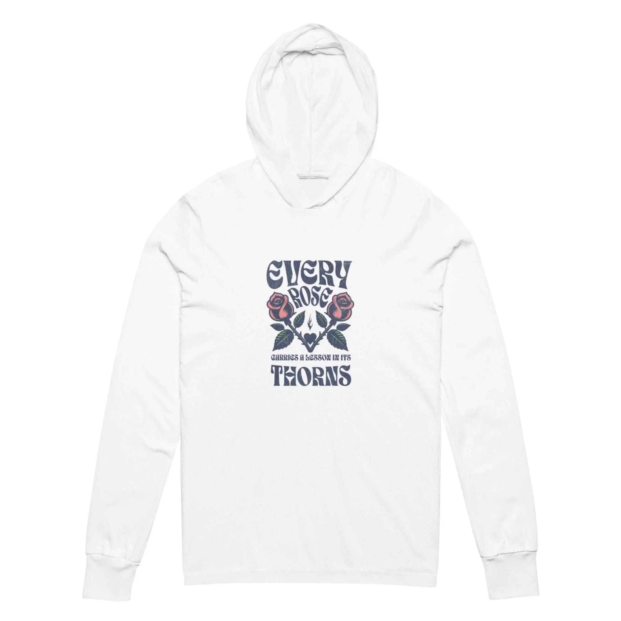 White hooded long sleeve with rose and thorns floral graphic – vintage-inspired premium hoodie tee for bold, artistic everyday wear. - Annaise Store