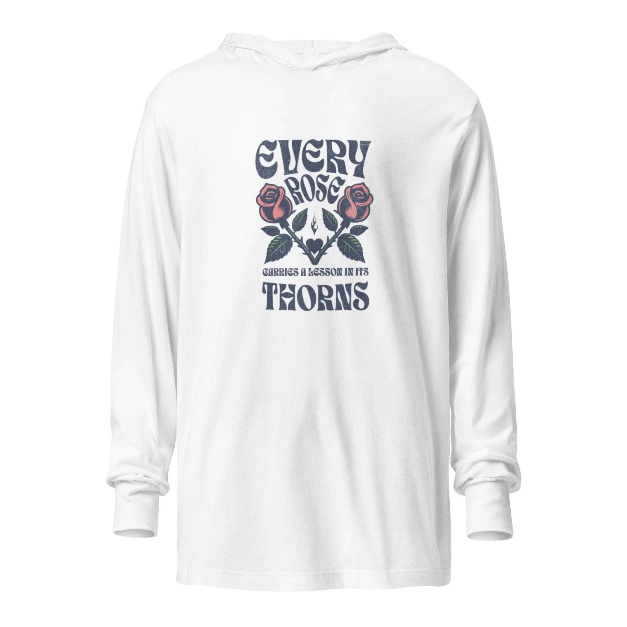 White hooded long sleeve with rose and thorns floral graphic – vintage-inspired premium hoodie tee for bold, artistic everyday wear. - Annaise Store