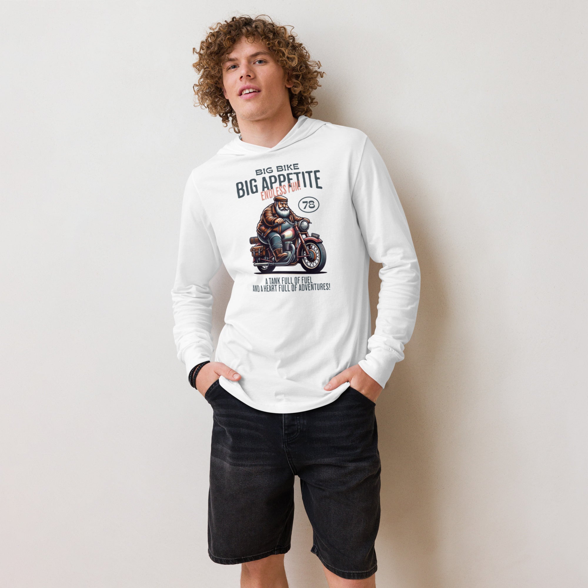White hooded long sleeve with bold motocross bike graphic – adventure-ready premium hoodie tee for riders and thrill-seekers. - Annaise Store