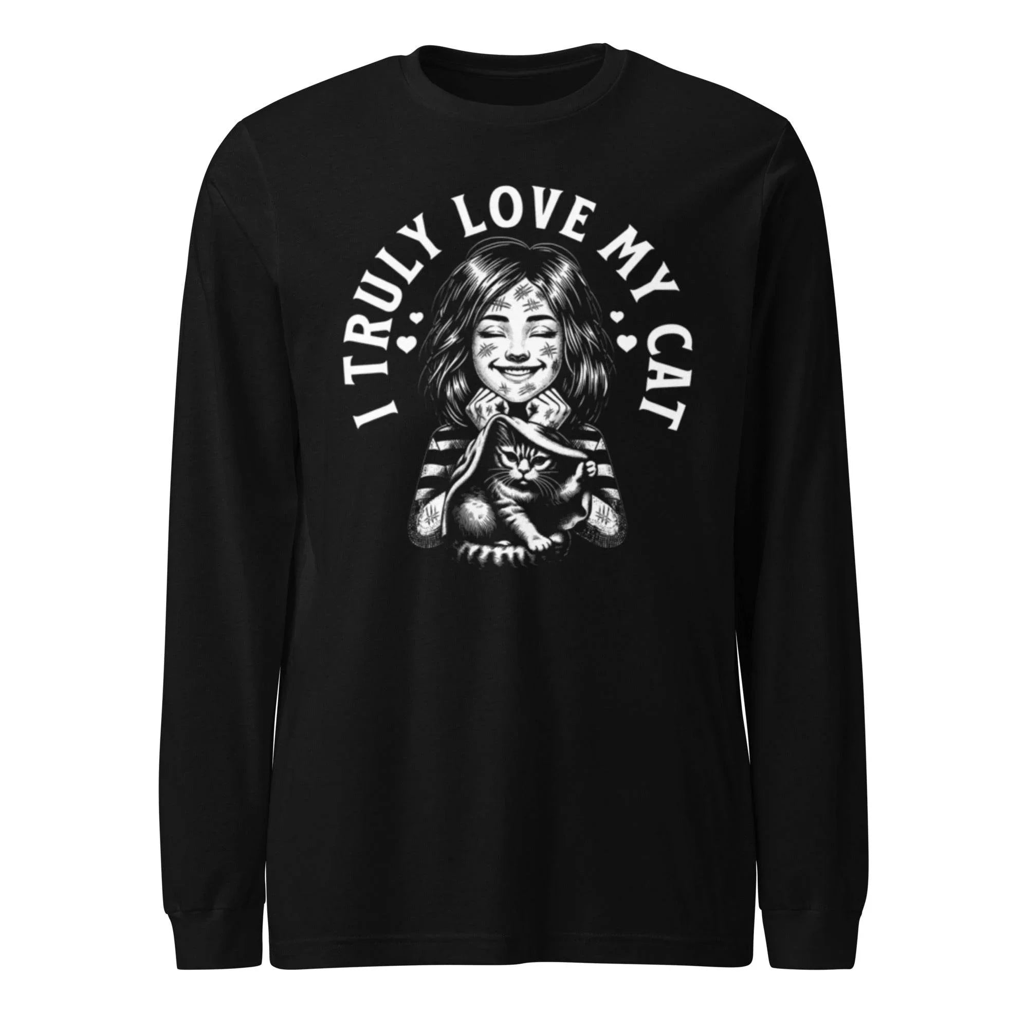 Purrfectly Yours cat graphic long sleeve tee – cozy black cotton shirt for cat lovers - Annaise Store