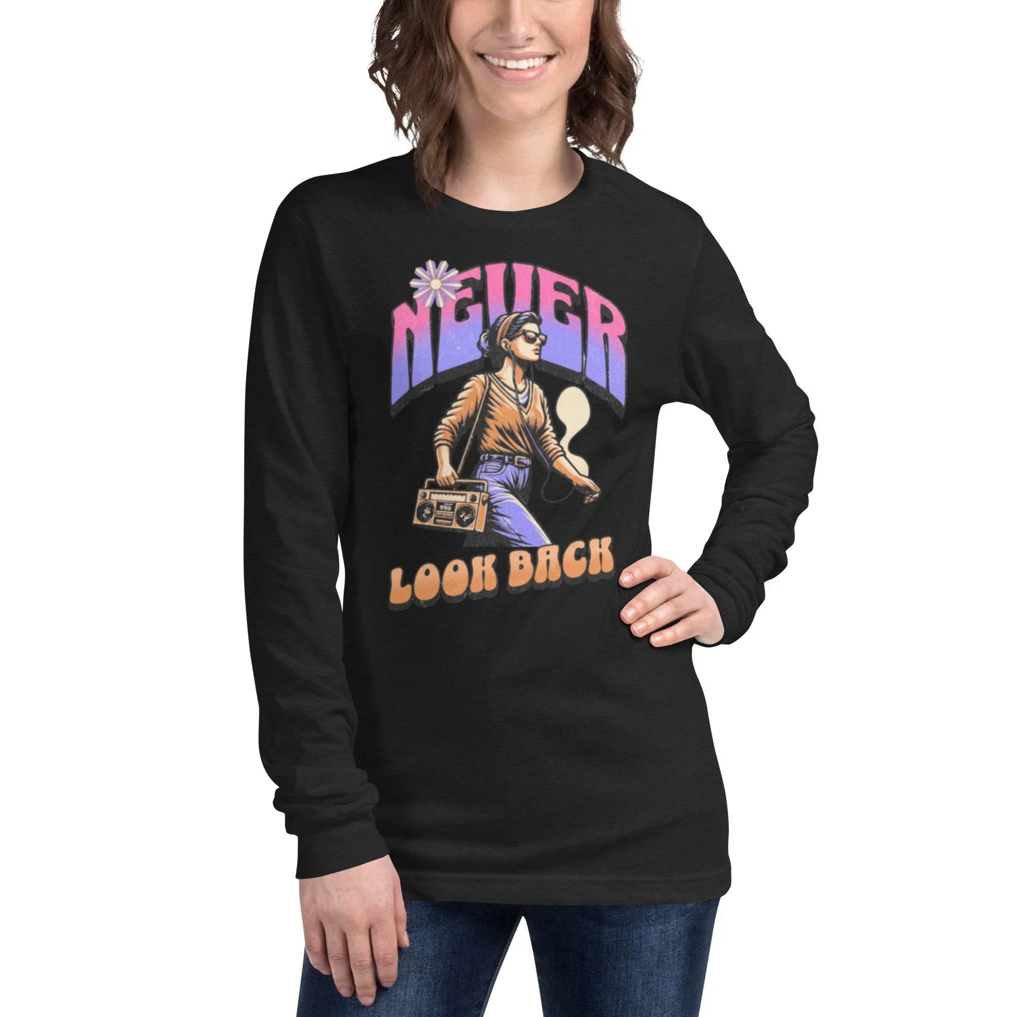 Never Look Back motivational graphic long-sleeve tee in beige- Annaise Store