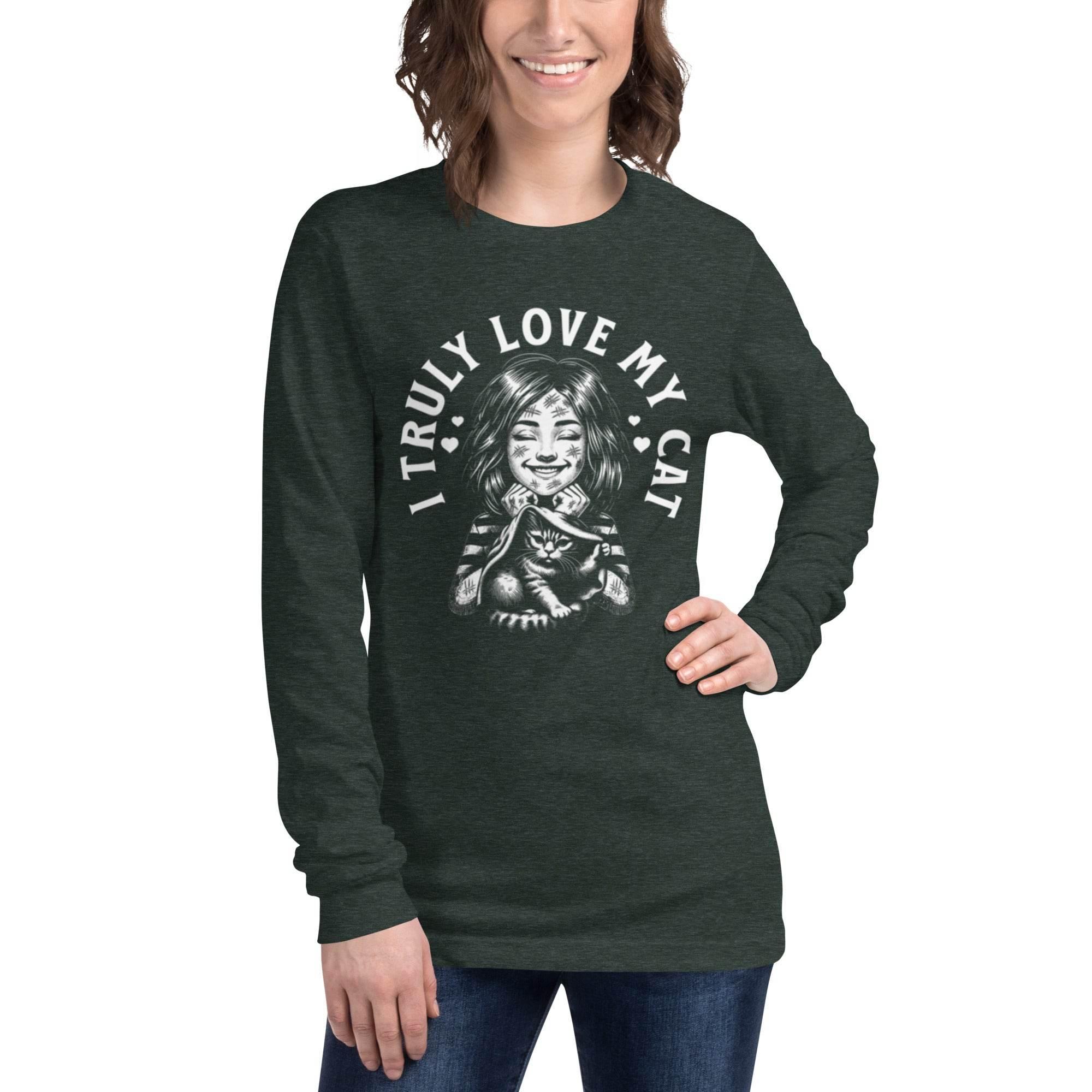Purrfectly Yours cat graphic long sleeve tee – cozy black cotton shirt for cat lovers - Annaise Store