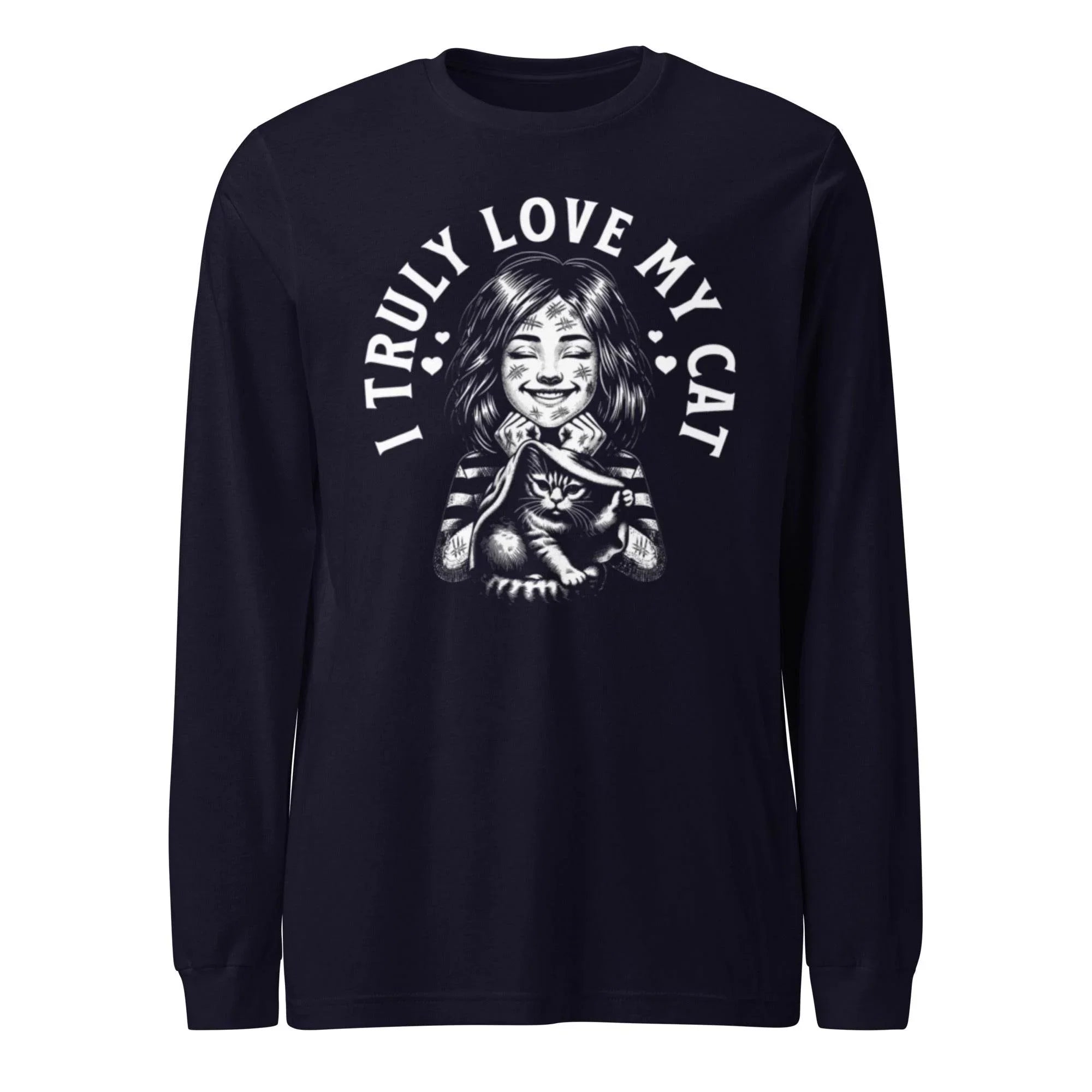 Unisex cat lover long sleeve shirt with bold feline illustration and slogan “I Truly Love My Cat - Annaise Store