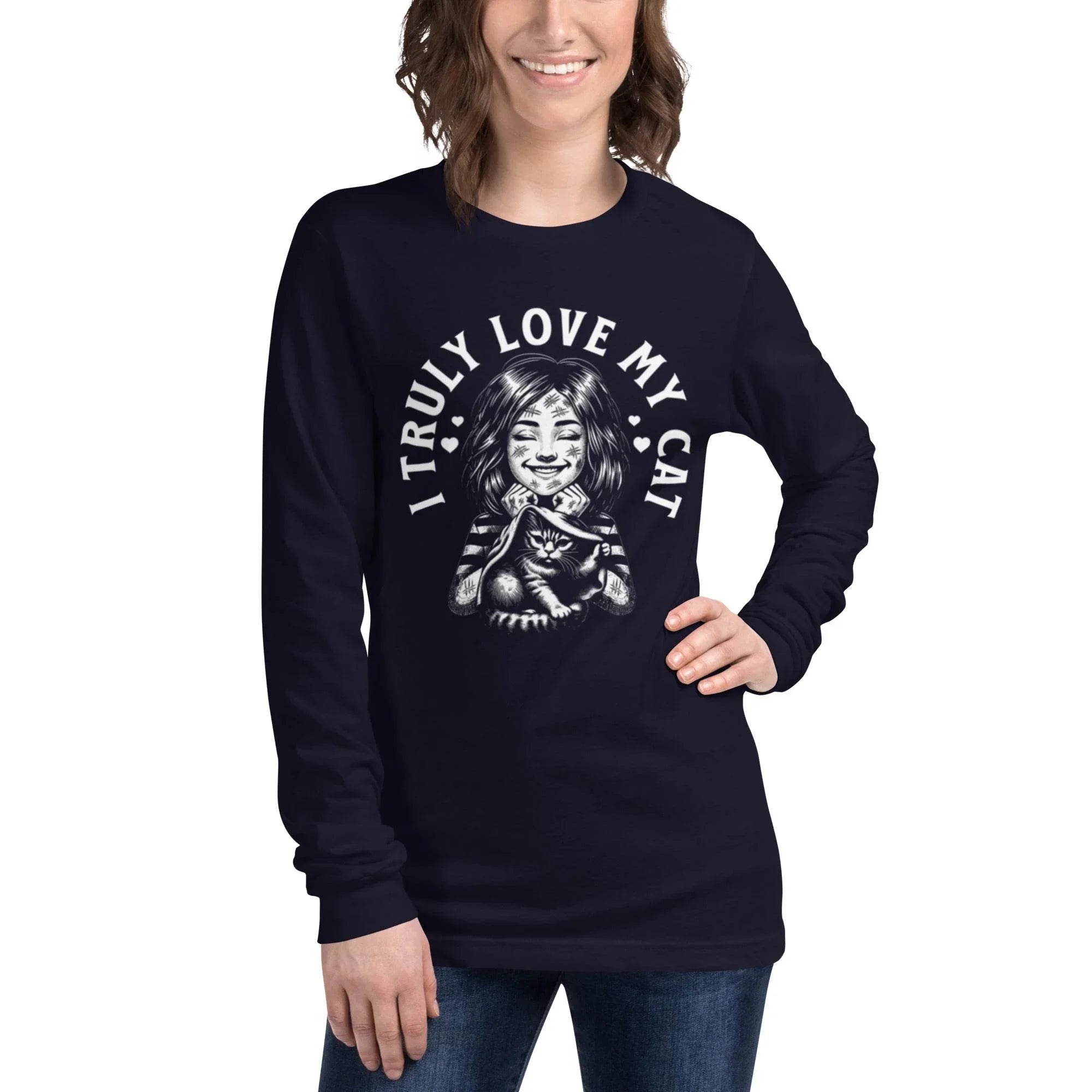 Unisex cat lover long sleeve shirt with bold feline illustration and slogan “I Truly Love My Cat- Annaise Store