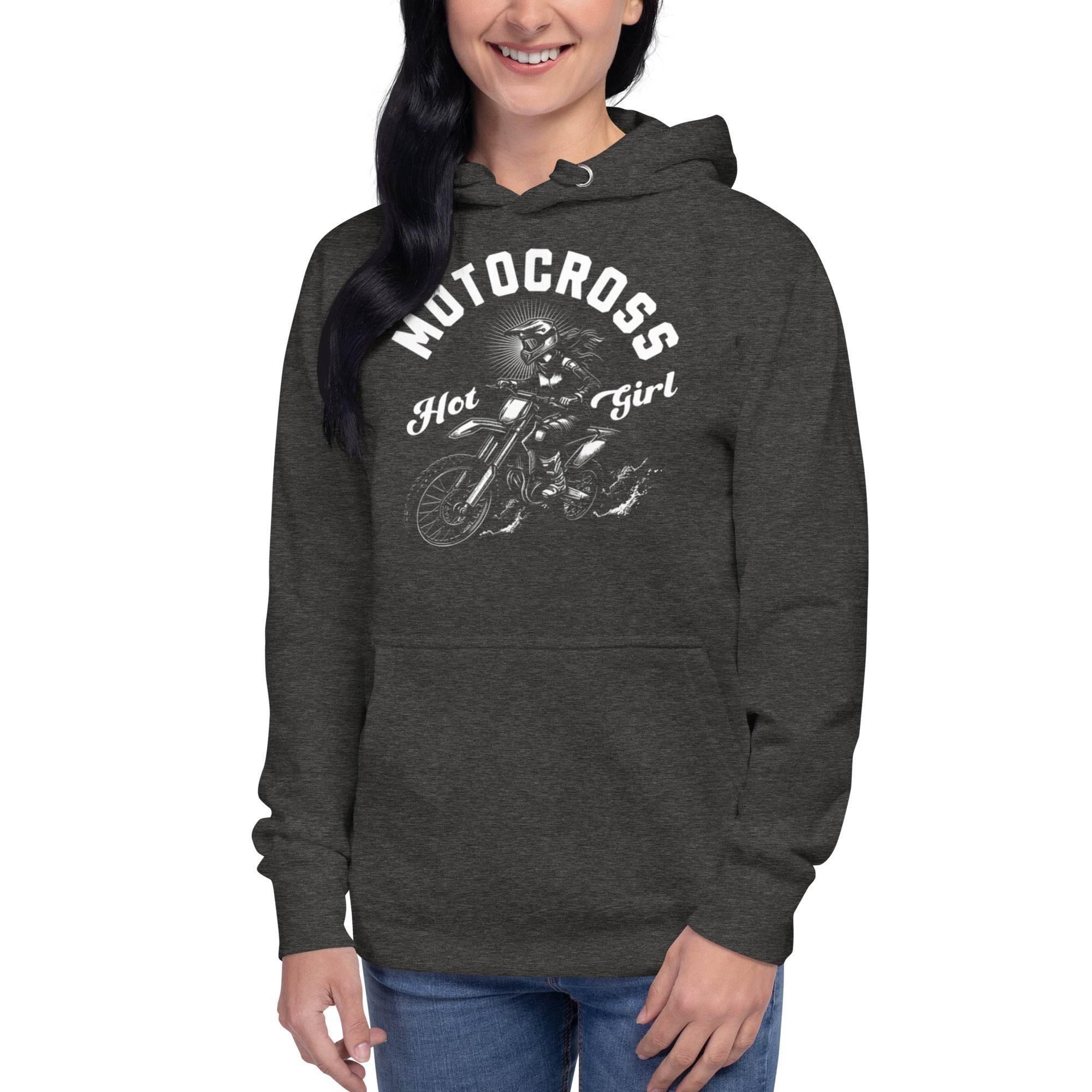 Unisex premium hoodie featuring motocross rider graphic with 'Hot Girl' design – edgy streetwear blending resilience and attitude.- Annaise Store