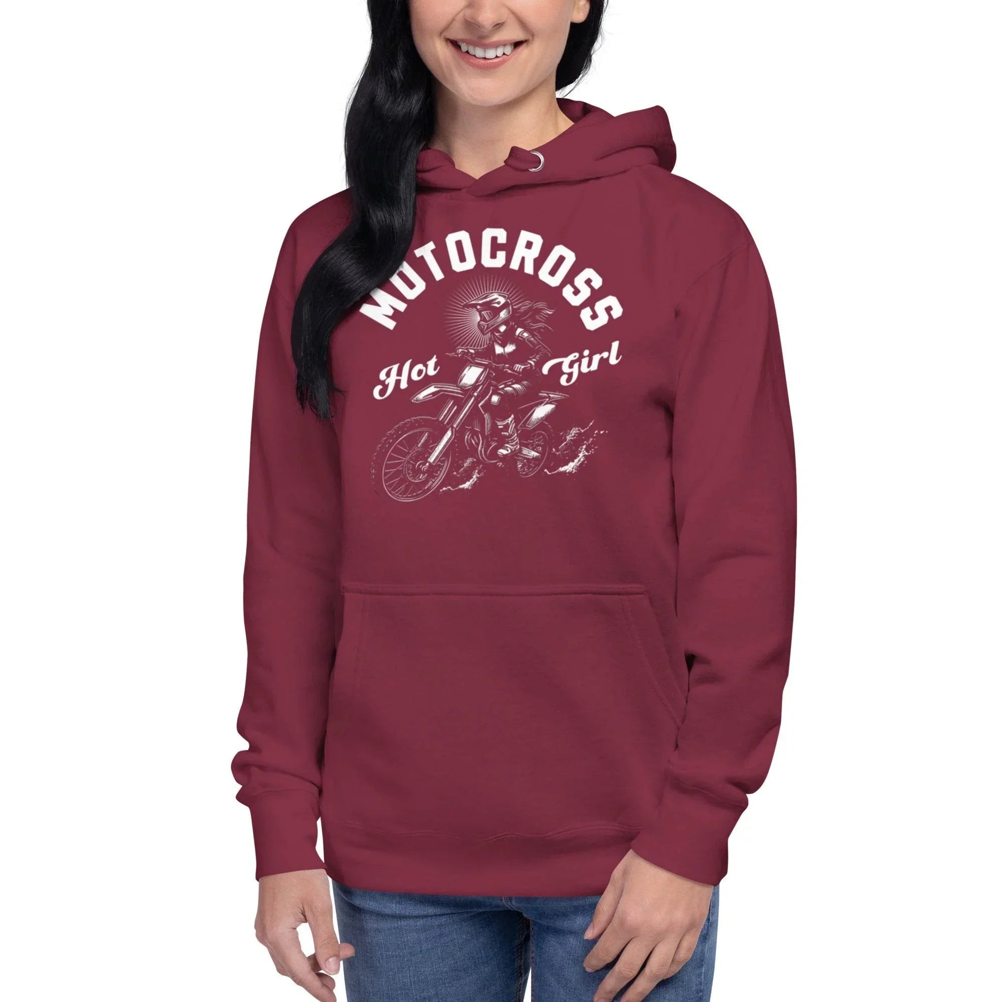 Unisex premium hoodie featuring motocross rider graphic with 'Hot Girl' design – edgy streetwear blending resilience and attitude.- Annaise Store