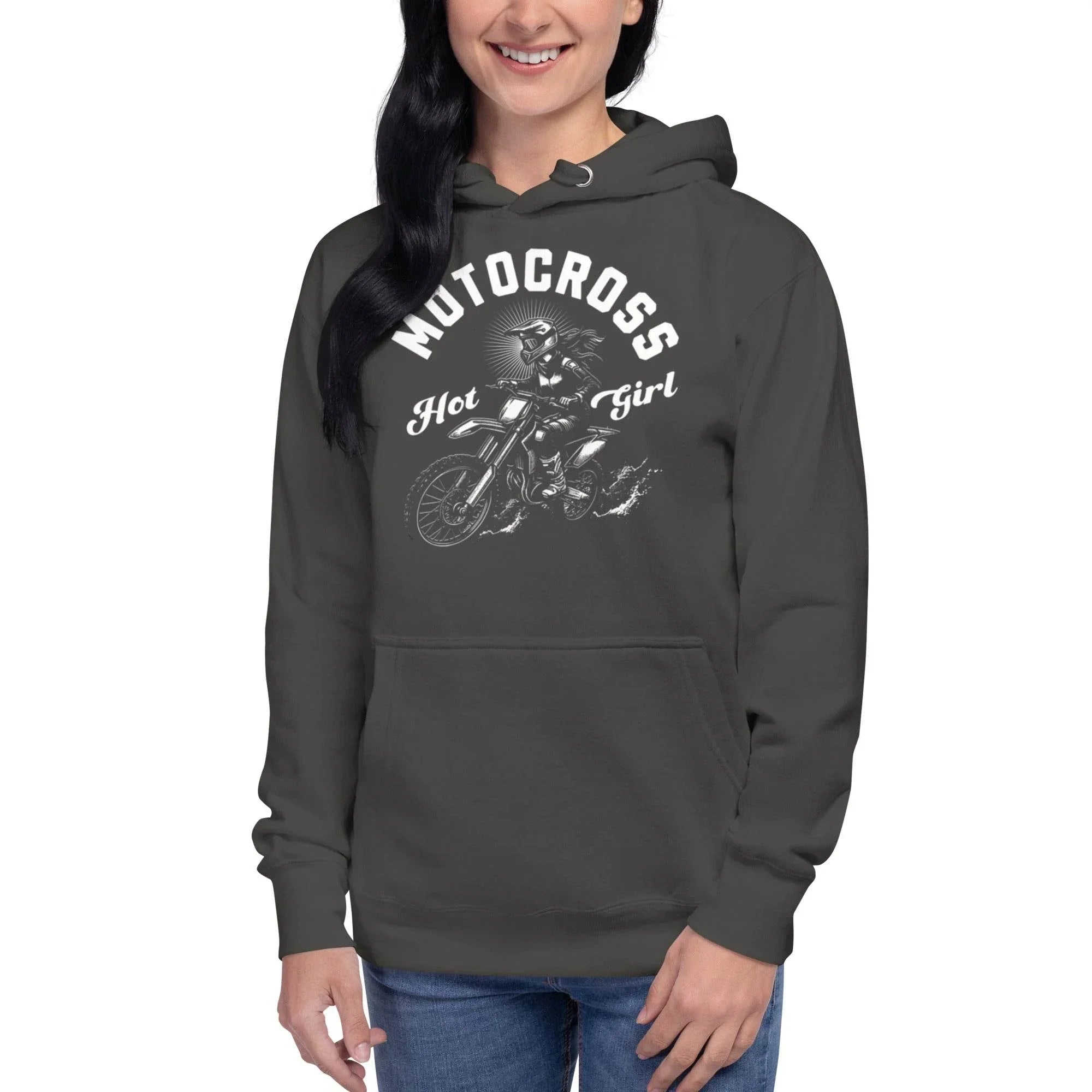 Unisex premium hoodie featuring motocross rider graphic with 'Hot Girl' design – edgy streetwear blending resilience and attitude. - Annaise Store